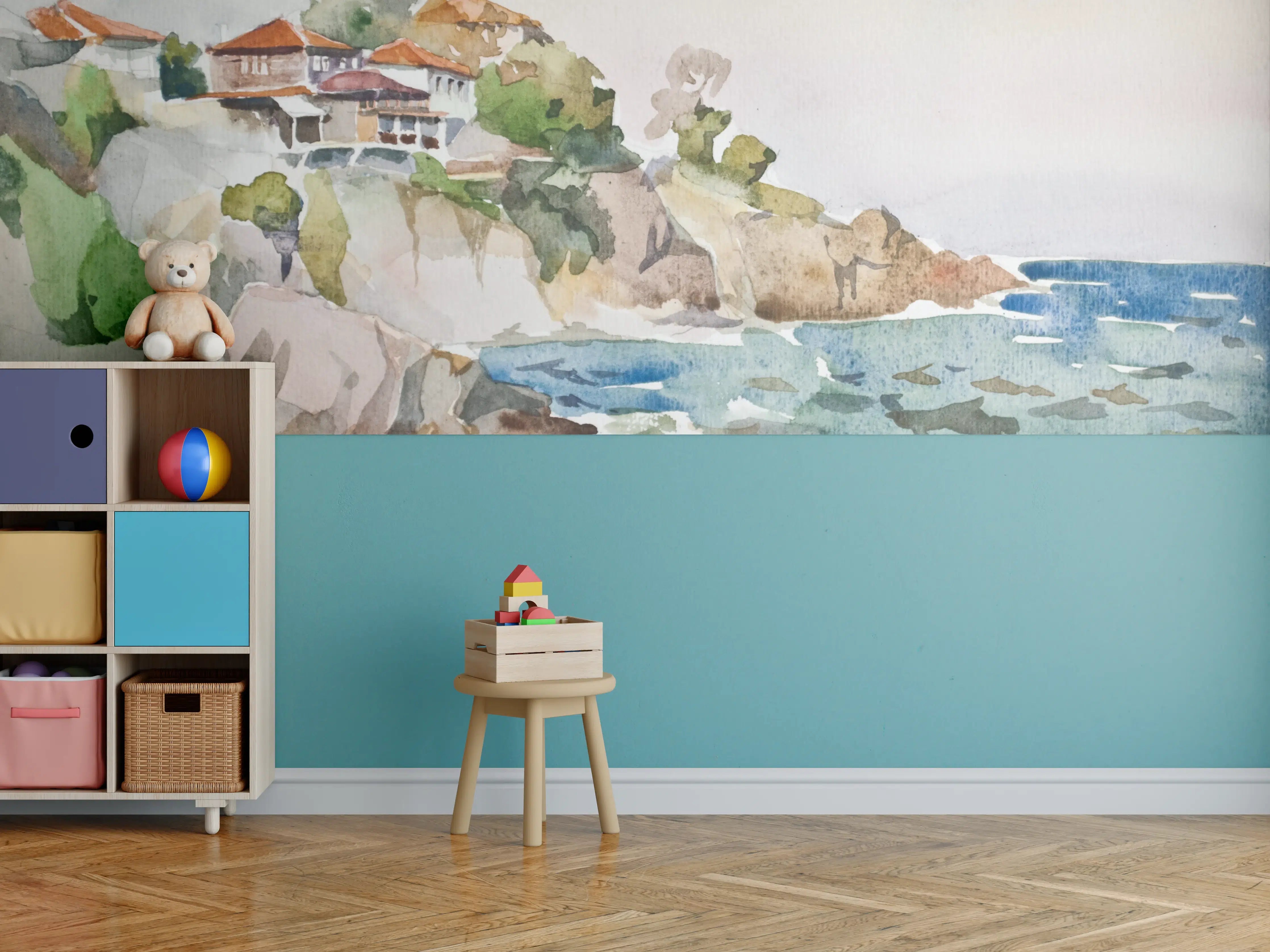 Kinderzimmer Wandgestaltung - Meeresblick mit Küstenhäusern in Aquarelltechnik
