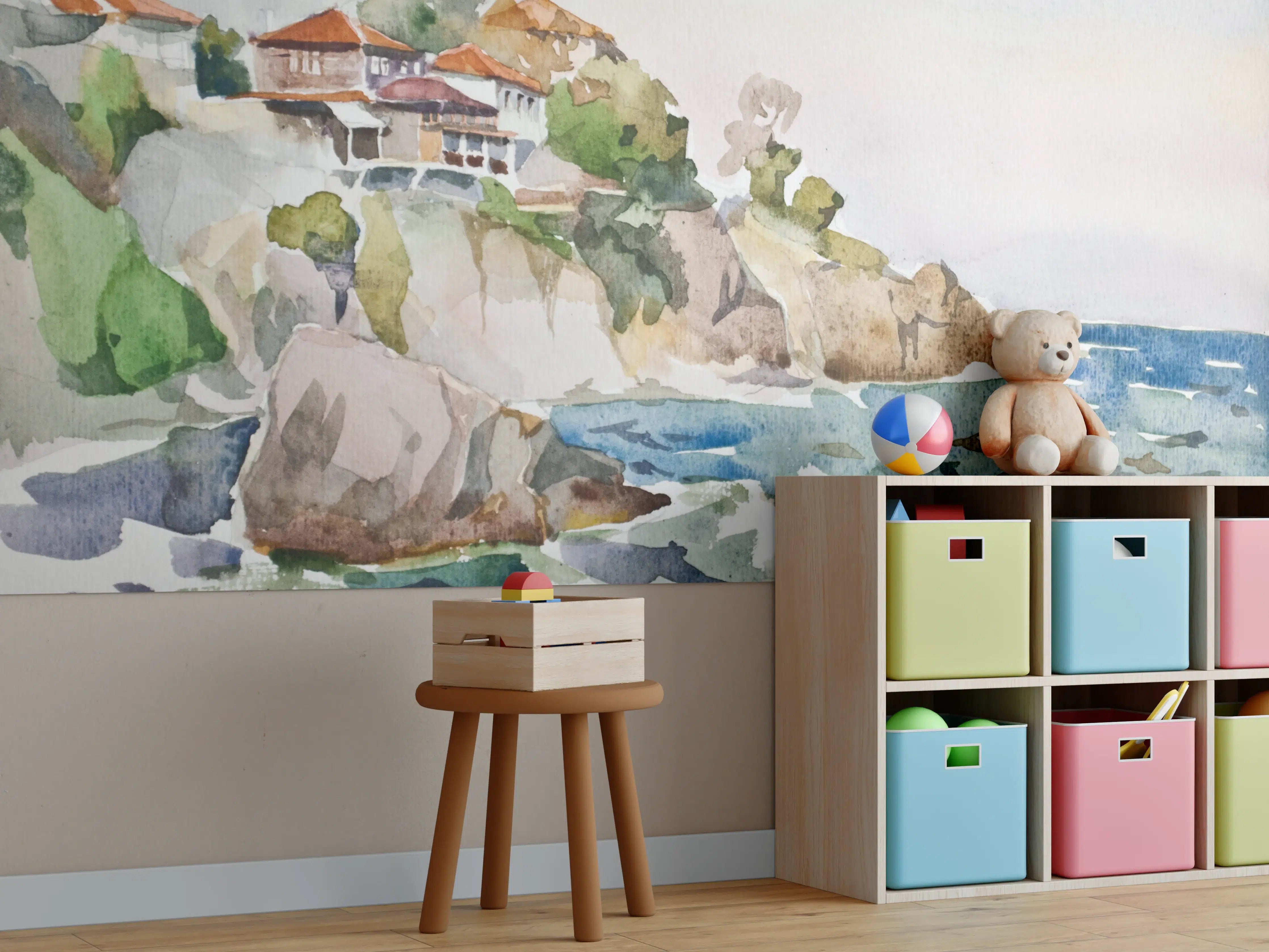 Kinderzimmer Wandgestaltung - Meeresblick mit Küstenhäusern in Aquarelltechnik