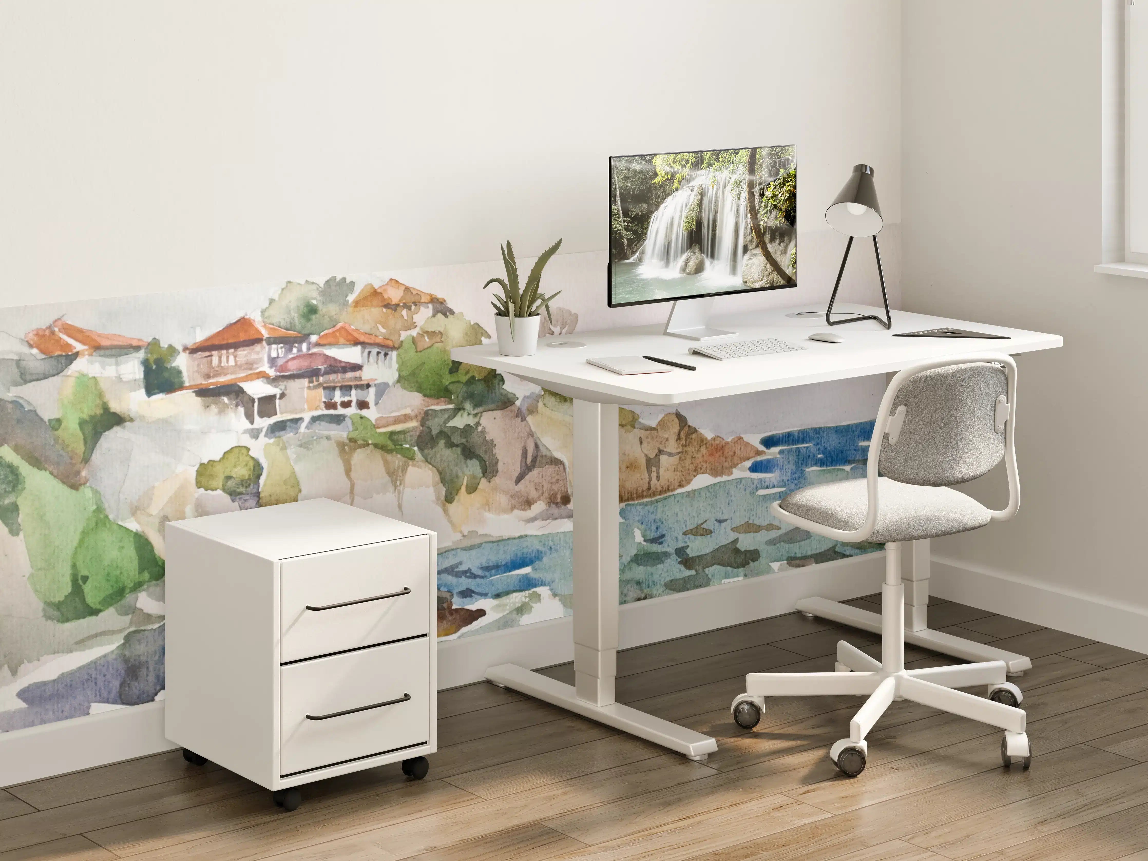Kinderzimmer Wandgestaltung - Meeresblick mit Küstenhäusern in Aquarelltechnik