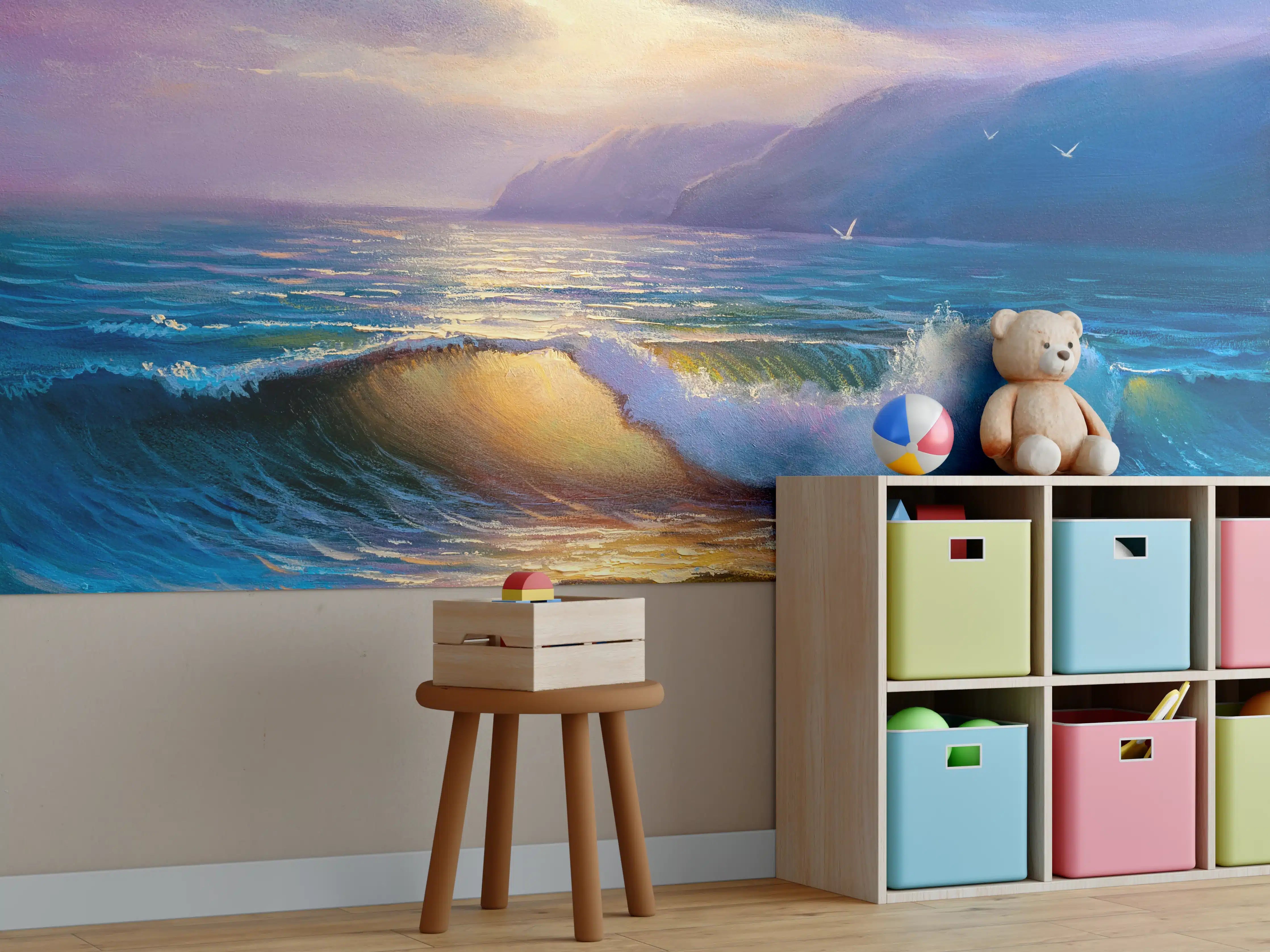 Kinderzimmer Wandgestaltung - Meereswelle am Strand bei Sonnenuntergang
