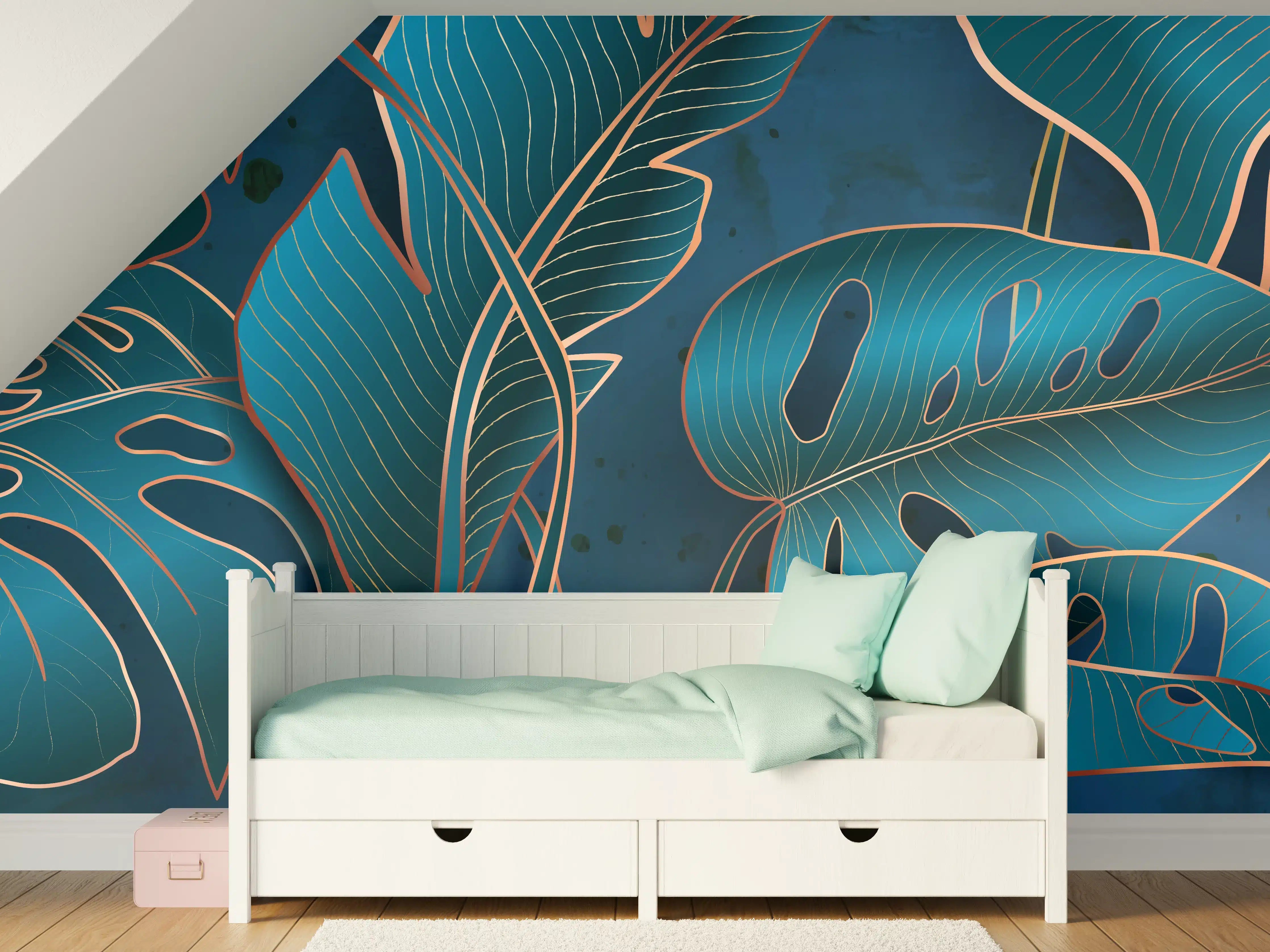 Kinderzimmer Wandgestaltung - Metallisch-blaues Pflanzenmuster