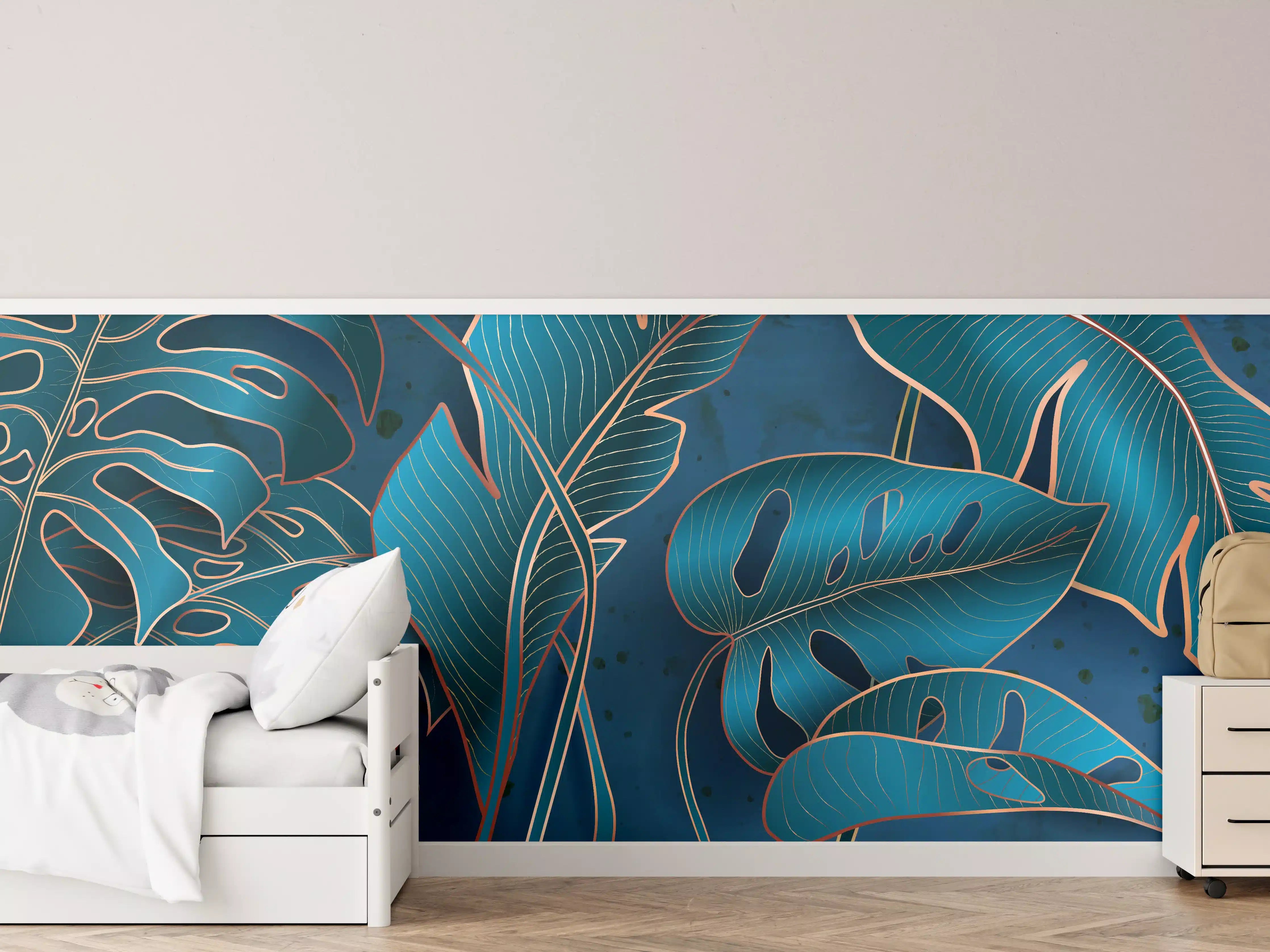 Kinderzimmer Wandgestaltung - Metallisch-blaues Pflanzenmuster