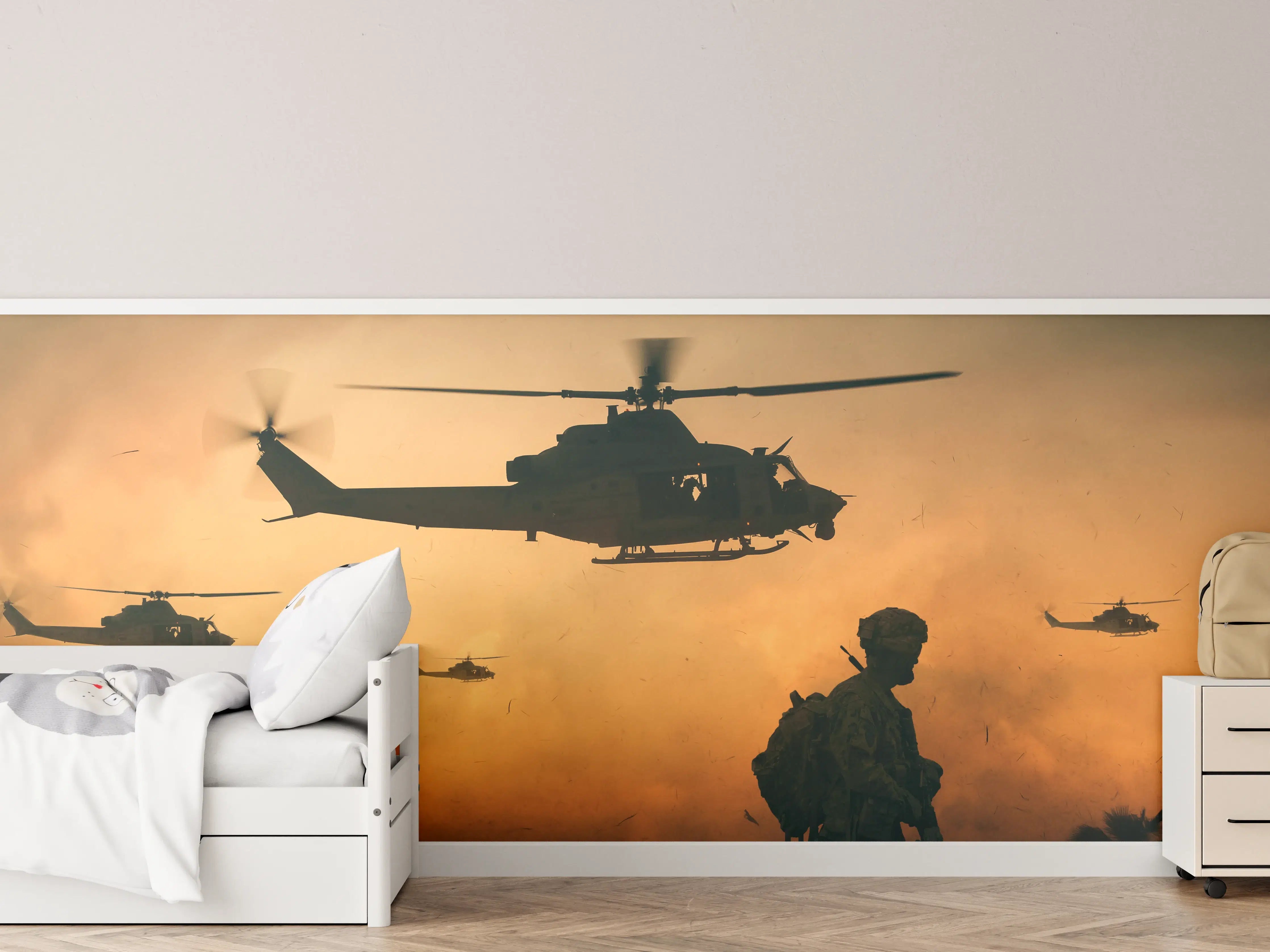 Kinderzimmer Wandgestaltung - Militär und Hubschrauber auf dem Weg zum Schlachtfeld