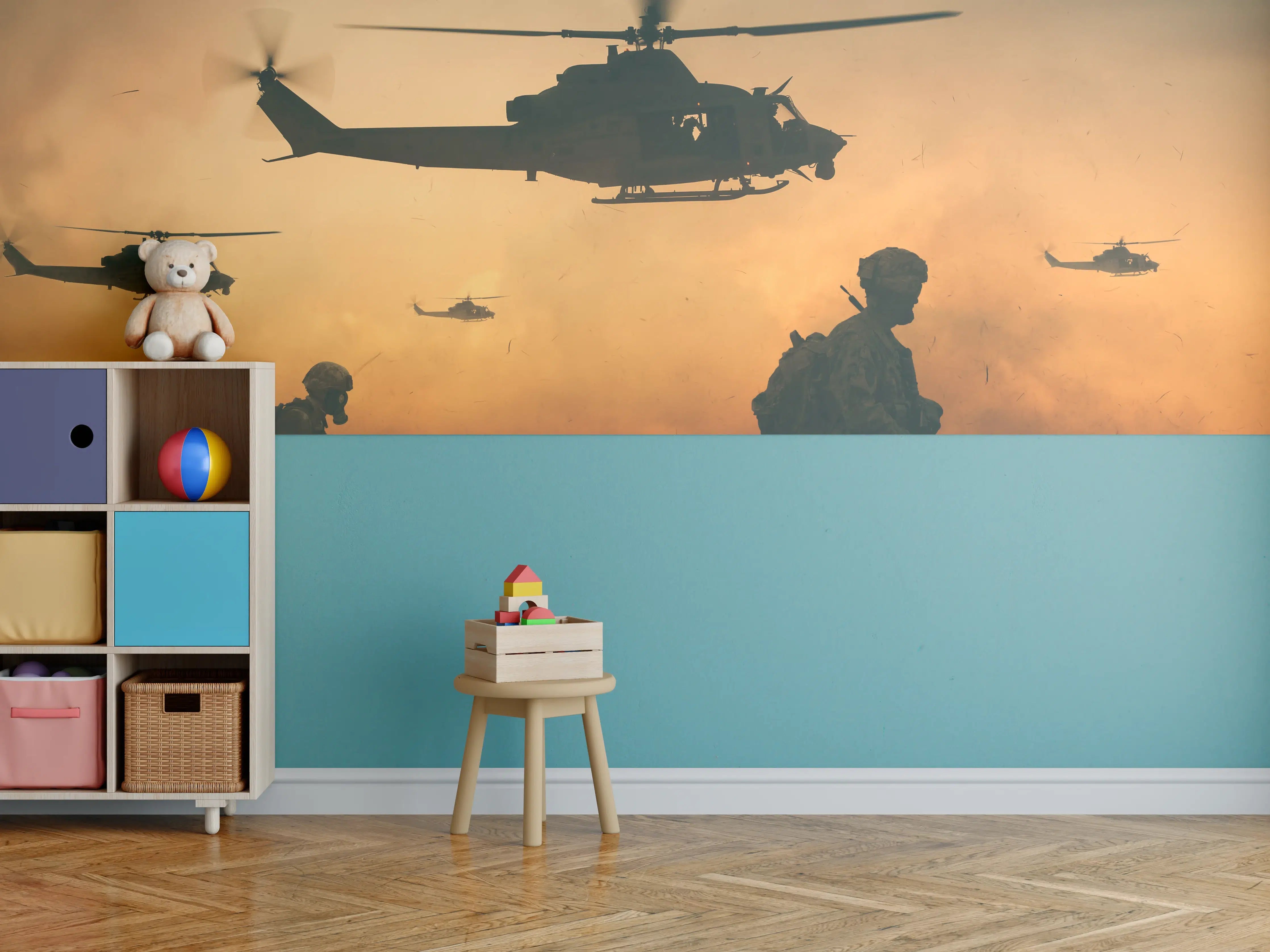 Kinderzimmer Wandgestaltung - Militär und Hubschrauber auf dem Weg zum Schlachtfeld