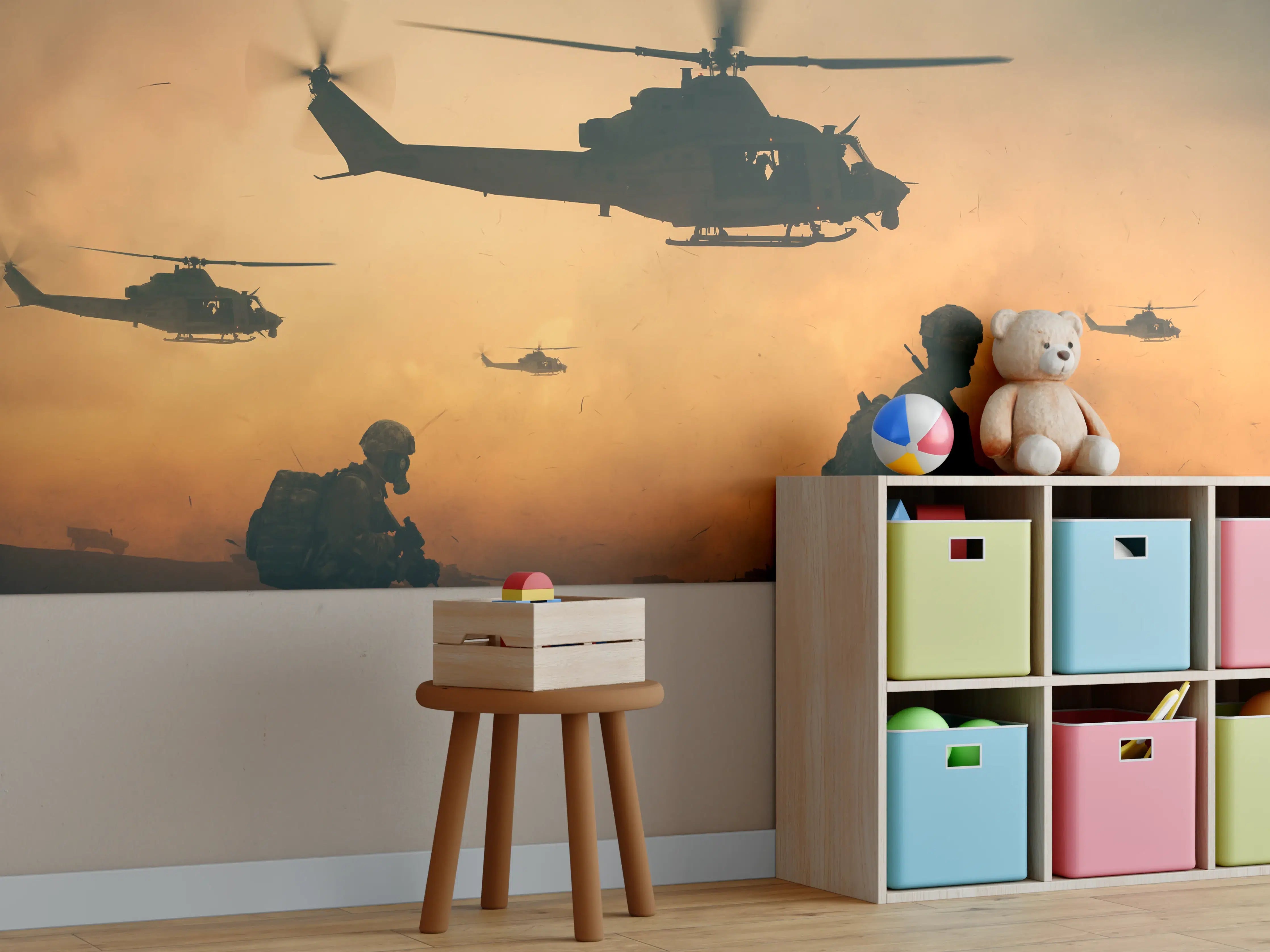 Kinderzimmer Wandgestaltung - Militär und Hubschrauber auf dem Weg zum Schlachtfeld