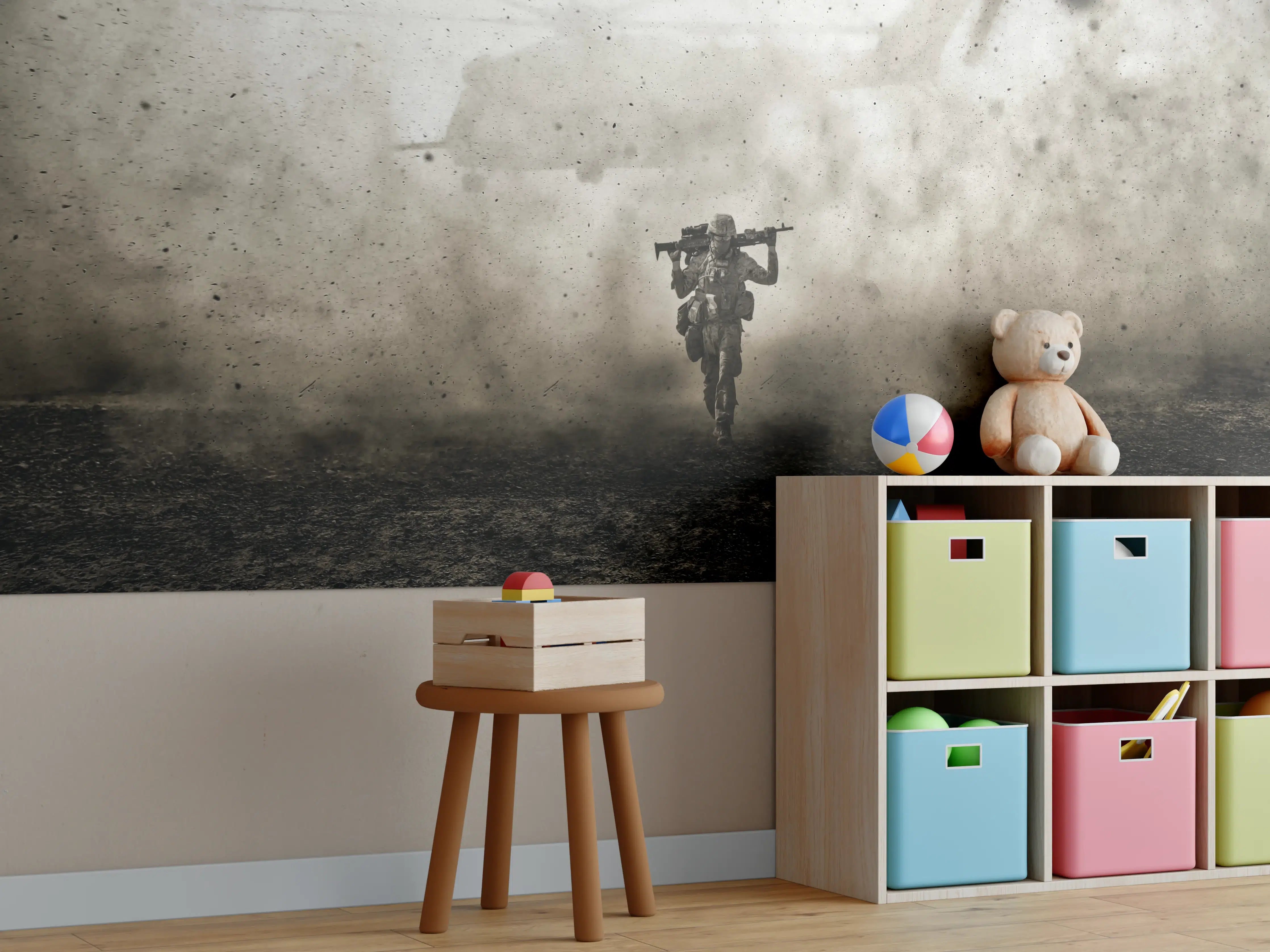 Kinderzimmer Wandgestaltung - Militärsoldat und Hubschrauber zwischen Sturm und Staub