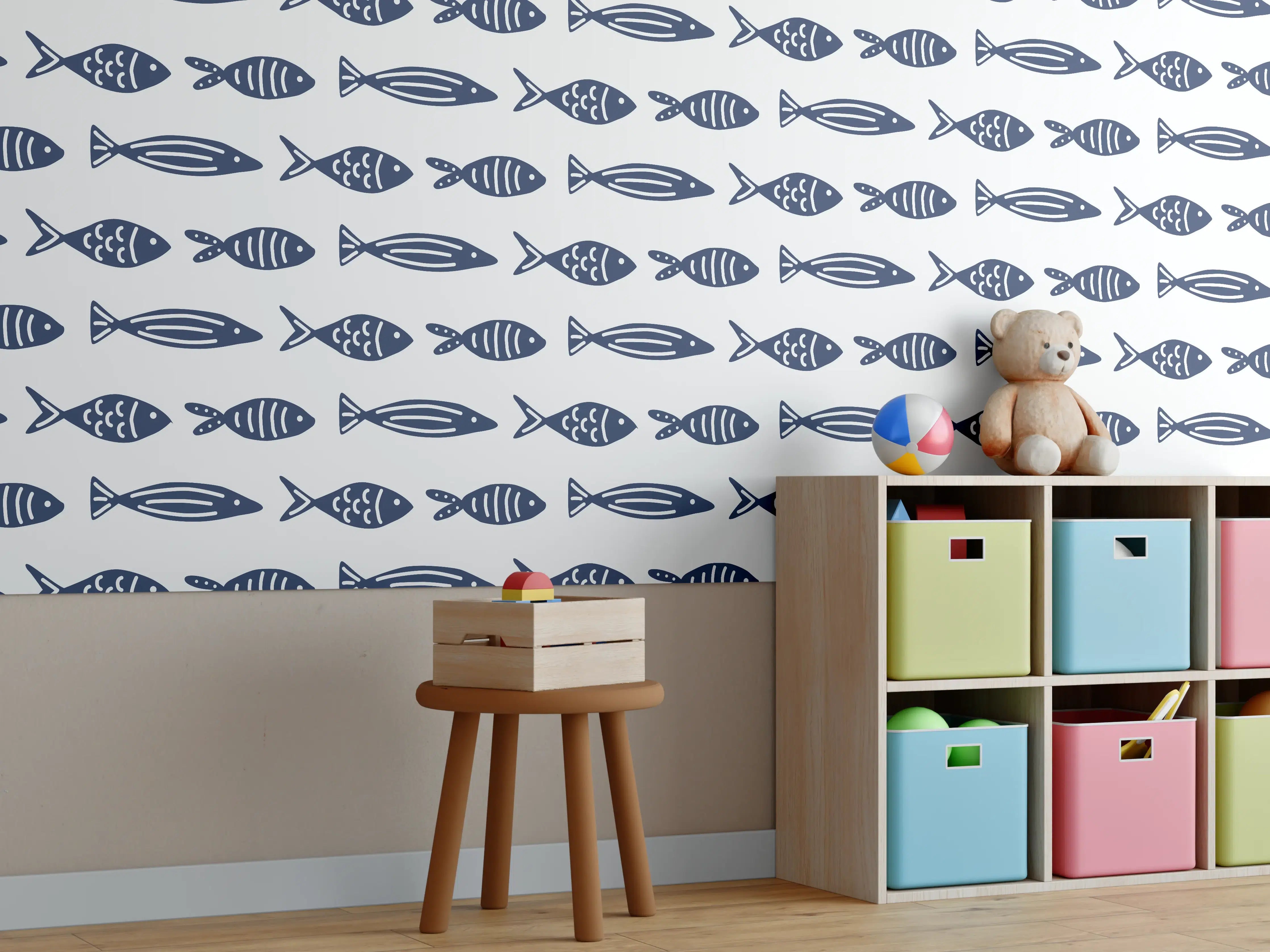 Kinderzimmer Wandgestaltung - Minimalistische Fische Blau-Weiß