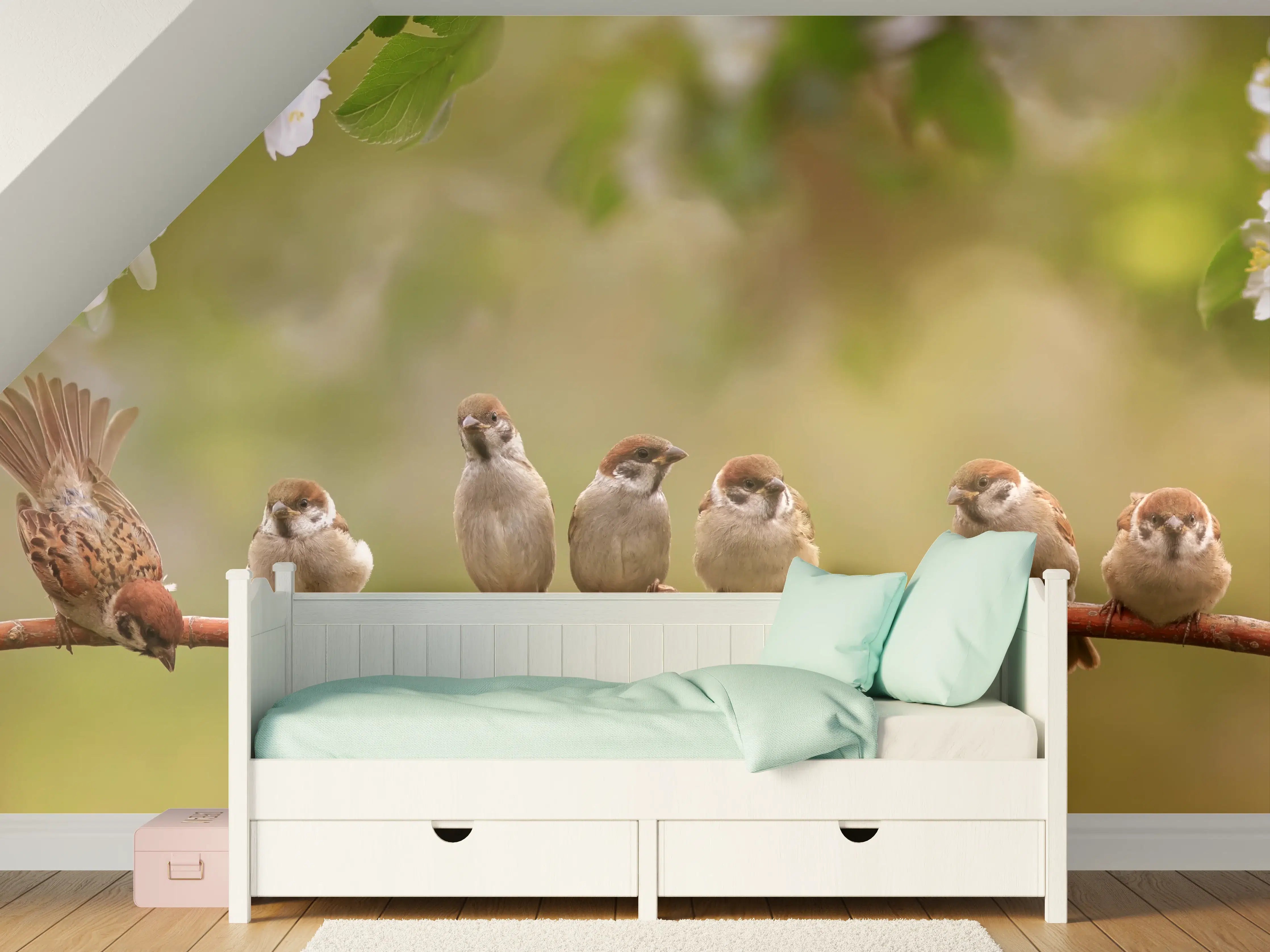 Kinderzimmer Wandgestaltung - Minische, süße Vögel auf Ast