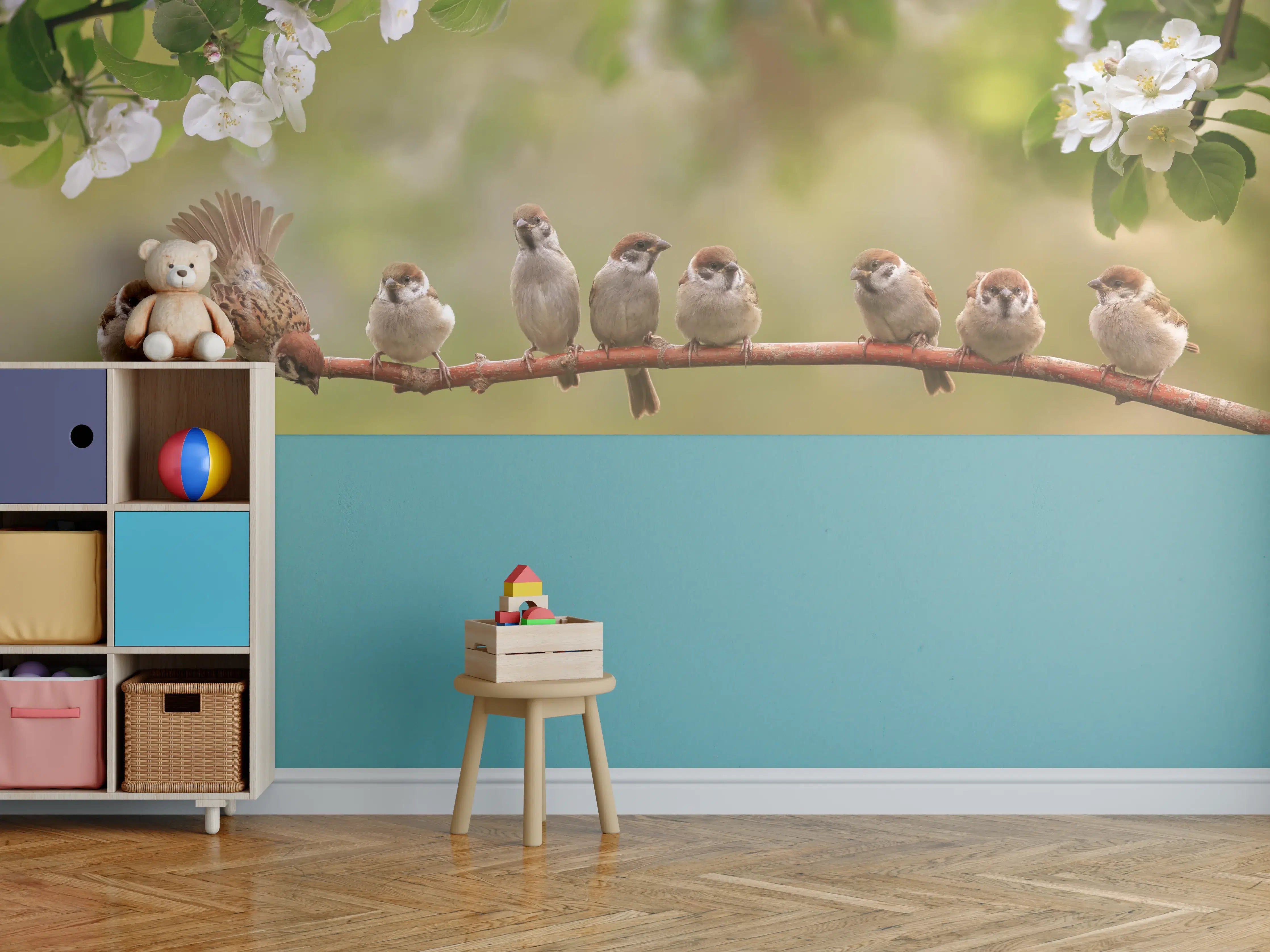Kinderzimmer Wandgestaltung - Minische, süße Vögel auf Ast