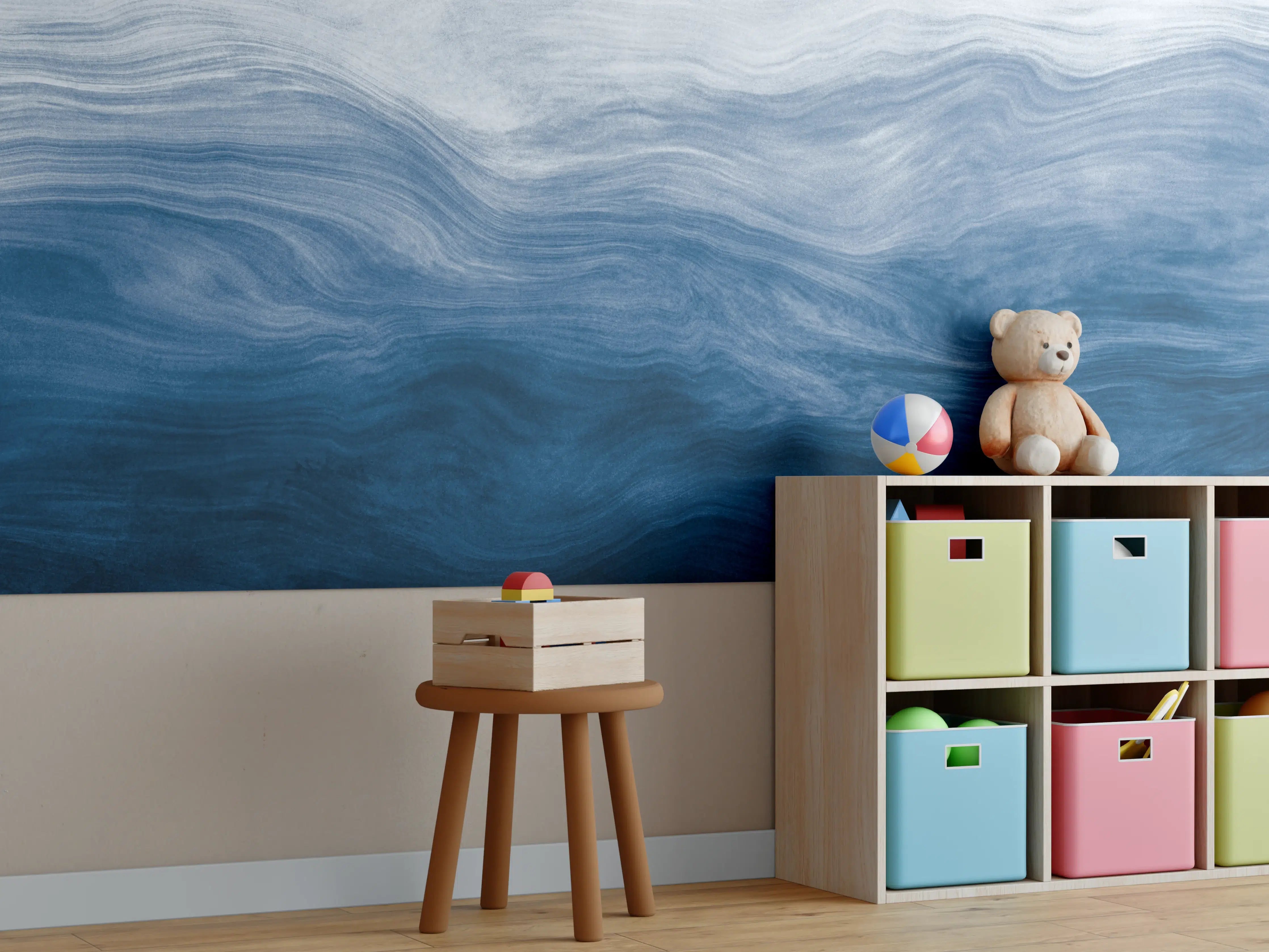 Kinderzimmer Wandgestaltung - Moderne Abstrakte Blautöne Wellenstruktur