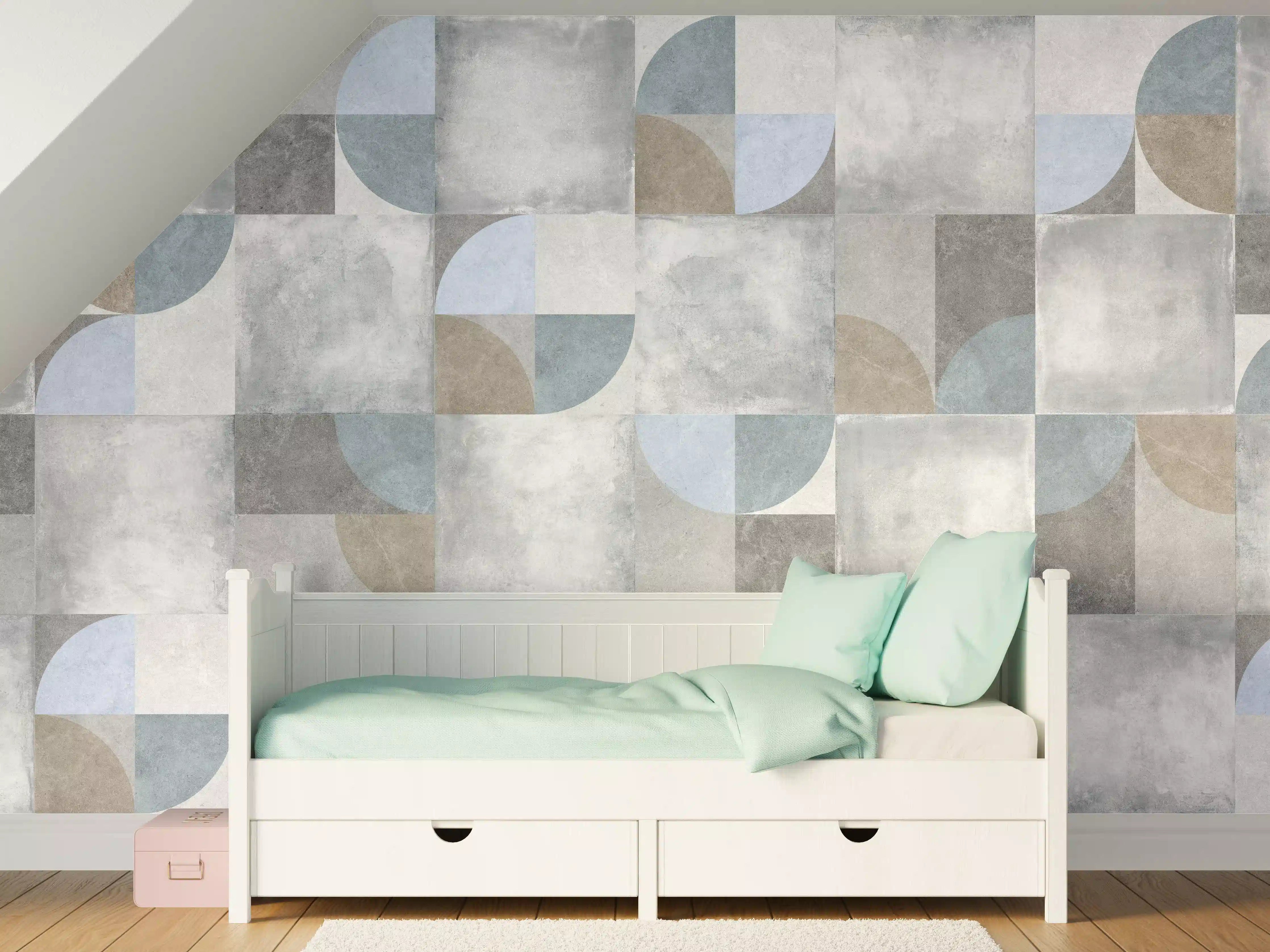 Kinderzimmer Wandgestaltung - Moderne Betonoptik mit sanften Blauakzenten