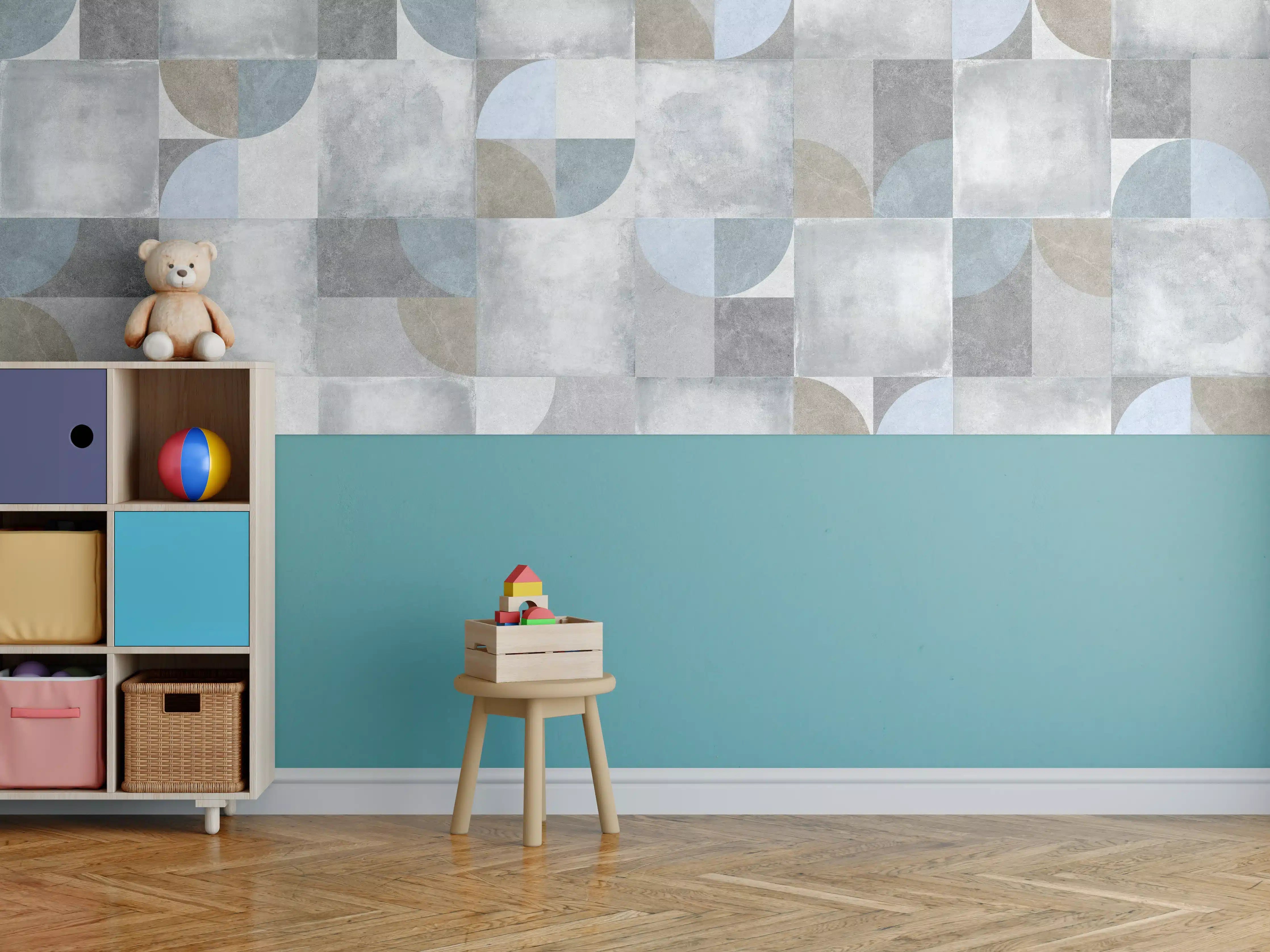 Kinderzimmer Wandgestaltung - Moderne Betonoptik mit sanften Blauakzenten