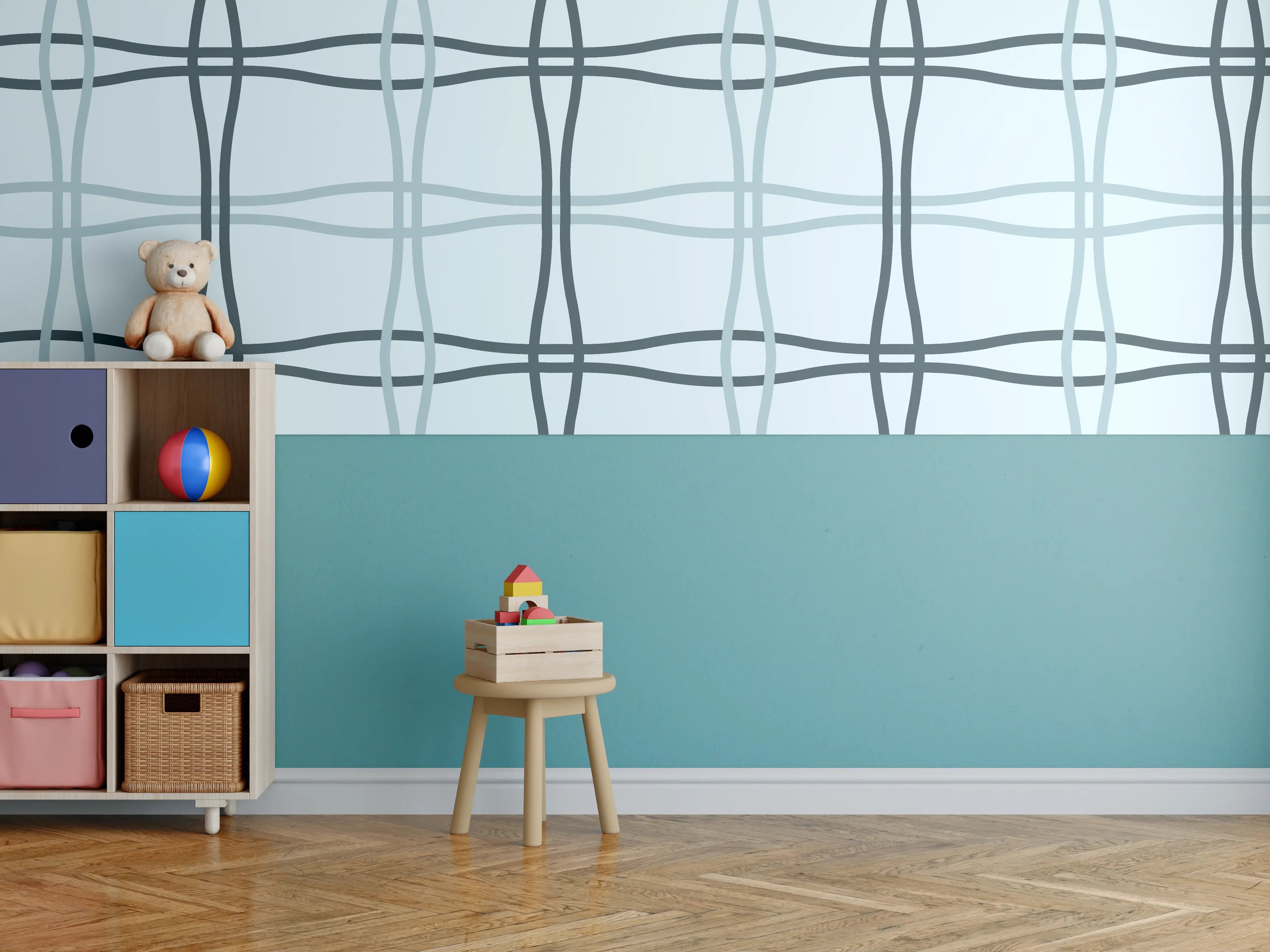 Kinderzimmer Wandgestaltung - Moderne Blau-Grau Linienmuster