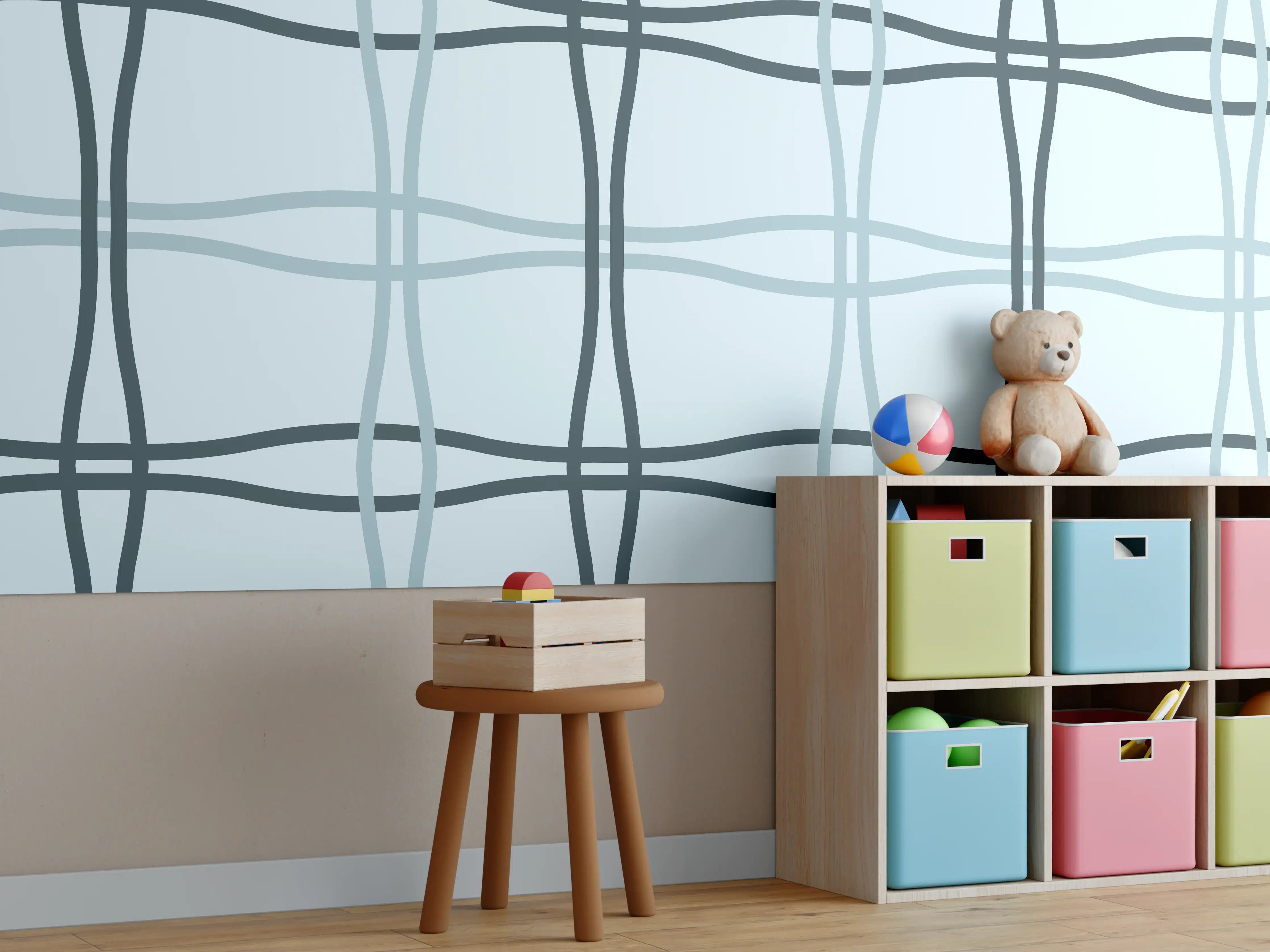 Kinderzimmer Wandgestaltung - Moderne Blau-Grau Linienmuster