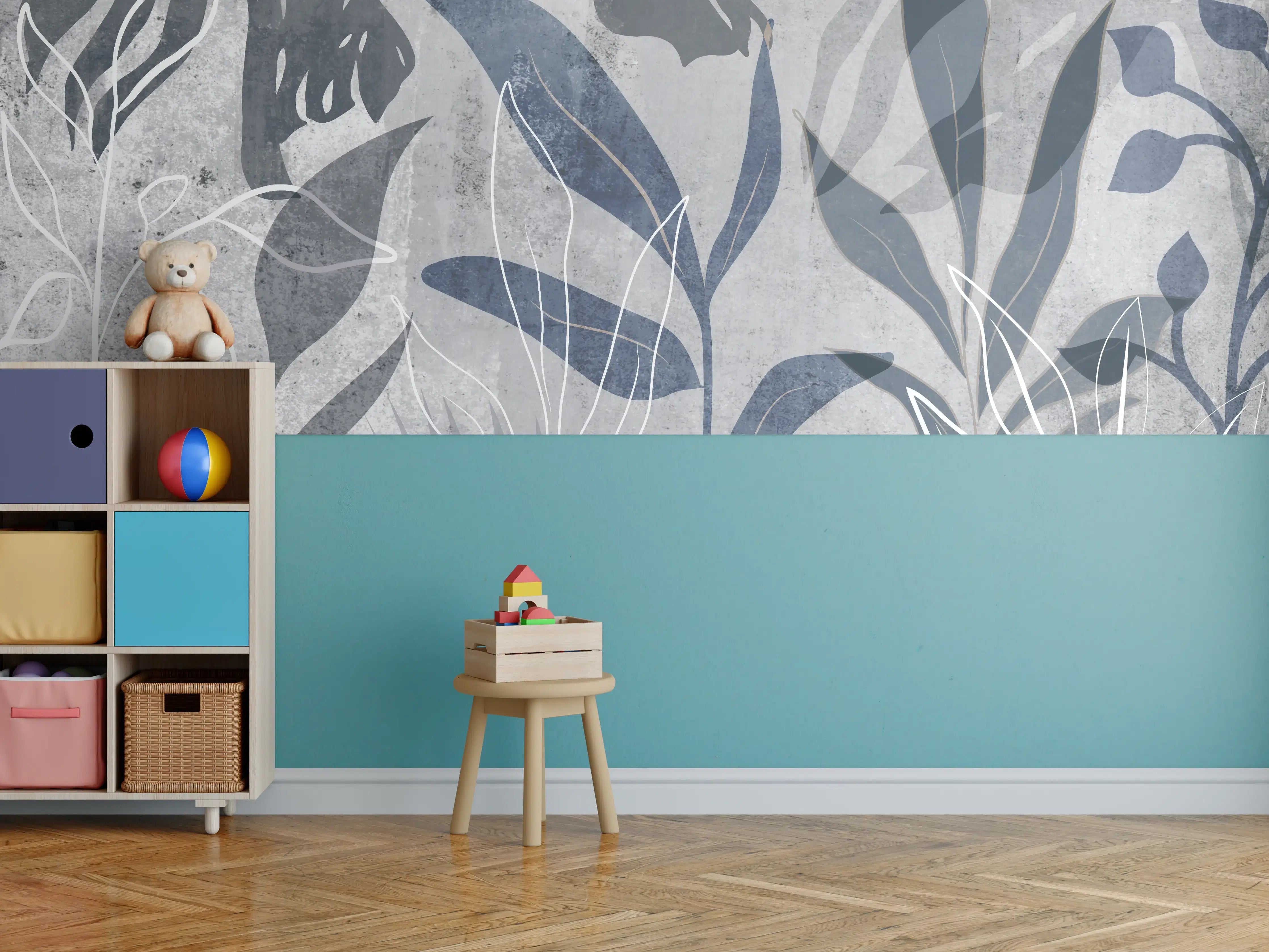 Kinderzimmer Wandgestaltung - Moderne Botanik Grau-Weiß