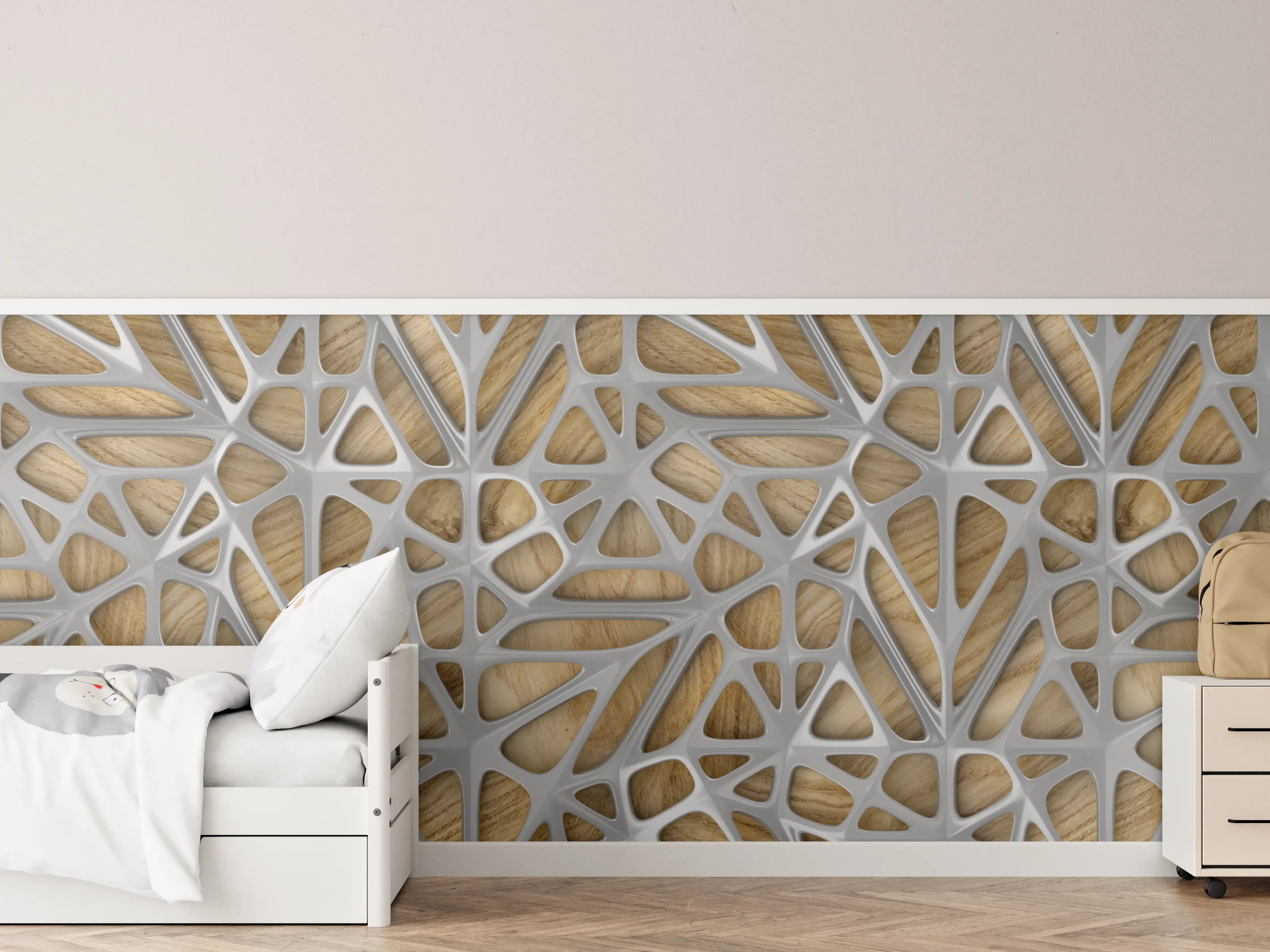 Kinderzimmer Wandgestaltung - Moderne Holz-Gitterstruktur mit grauem Rahmen