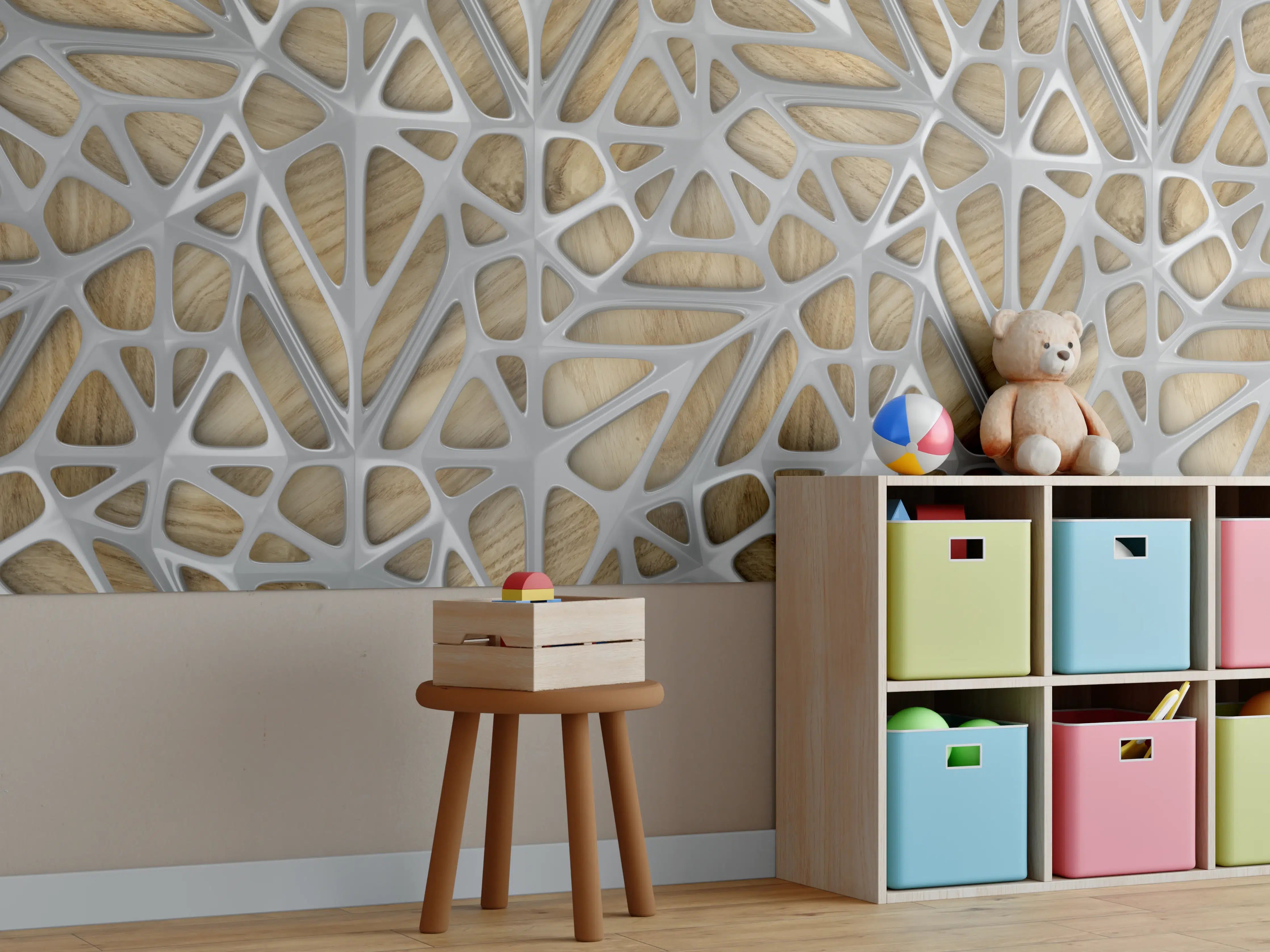 Kinderzimmer Wandgestaltung - Moderne Holz-Gitterstruktur mit grauem Rahmen