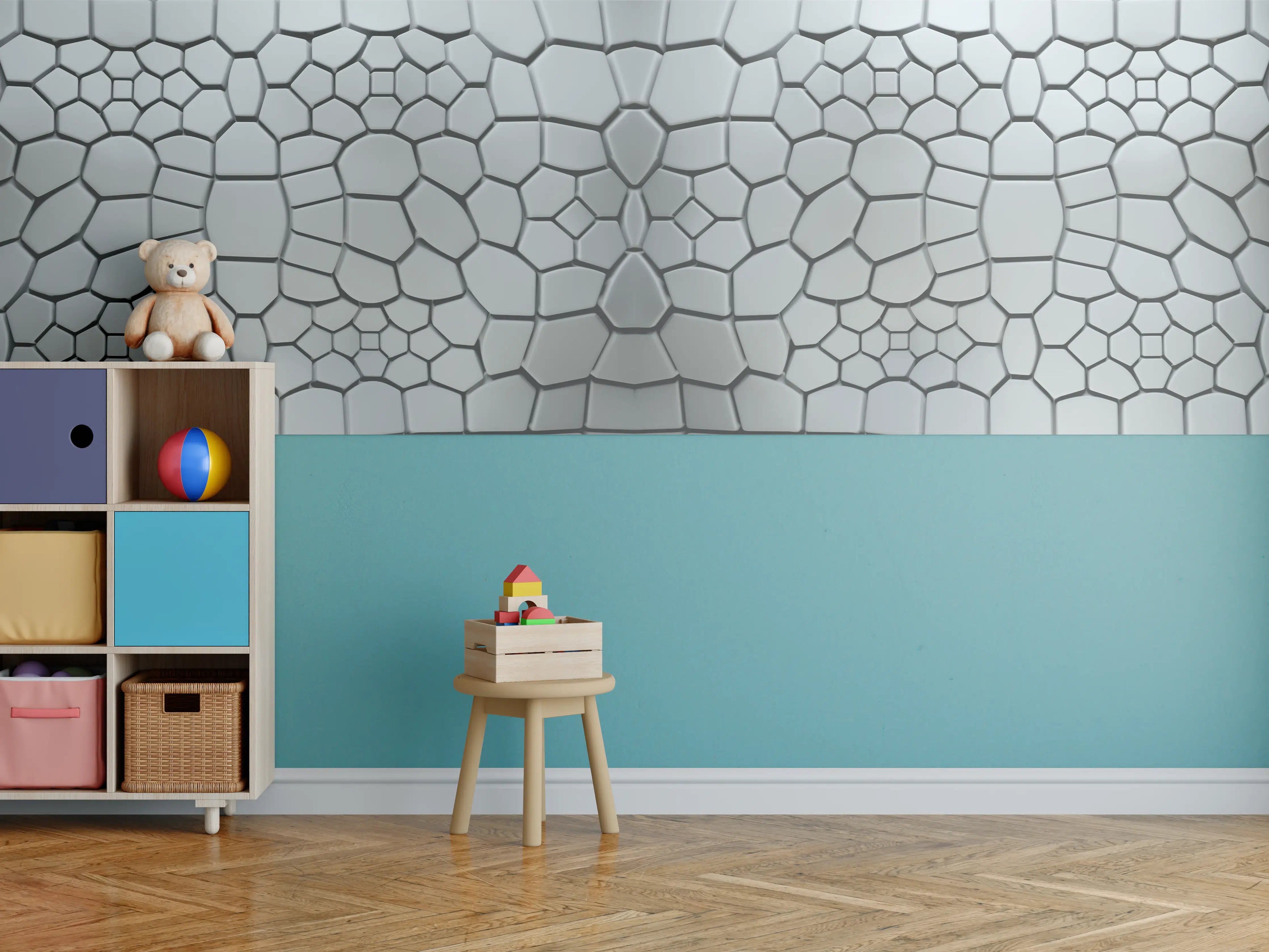 Kinderzimmer Wandgestaltung - Moderne Mauer mit geometrischem Muster in Grau