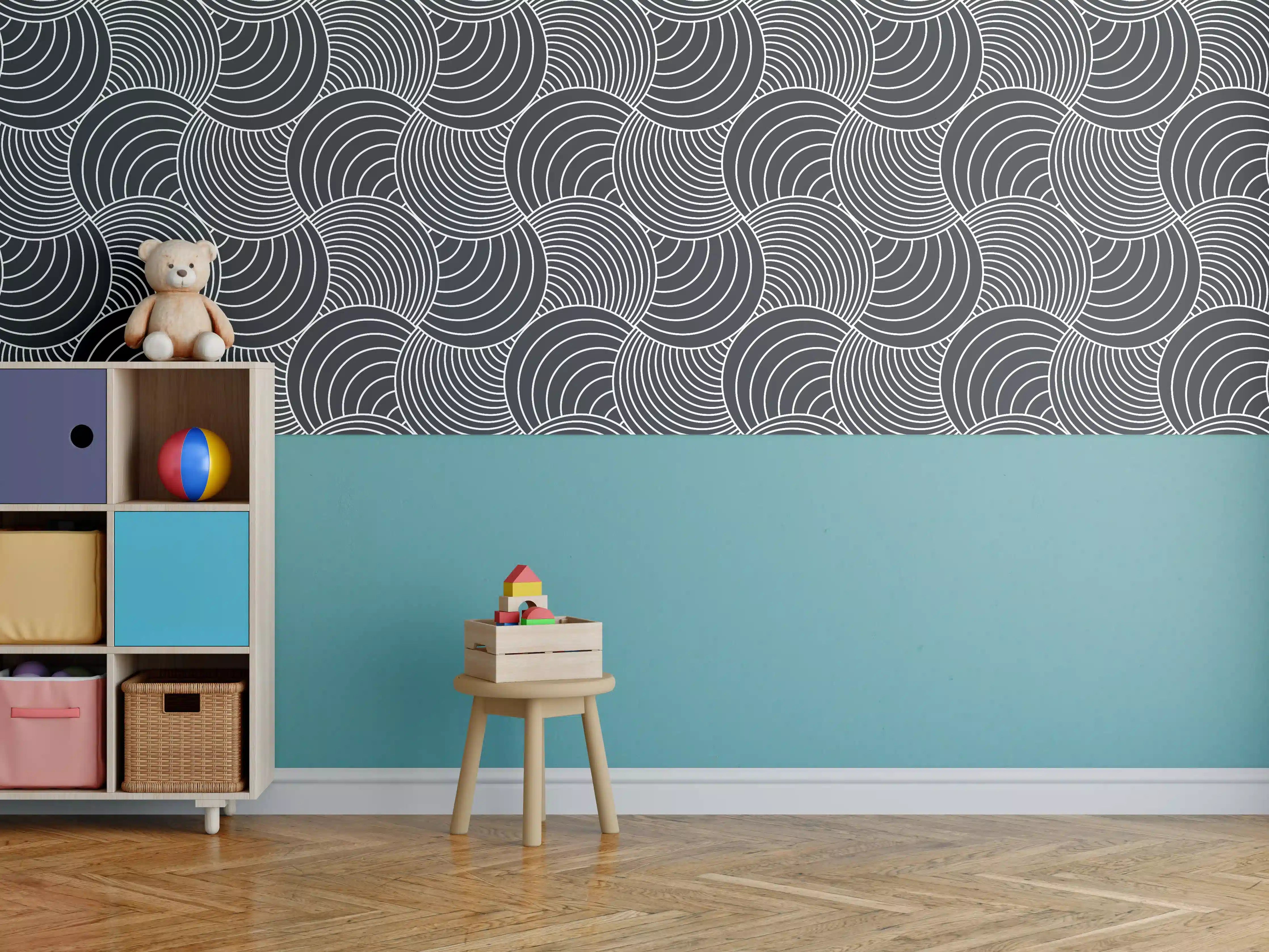 Kinderzimmer Wandgestaltung - Moderne Wasserwelle mit Grau-Details