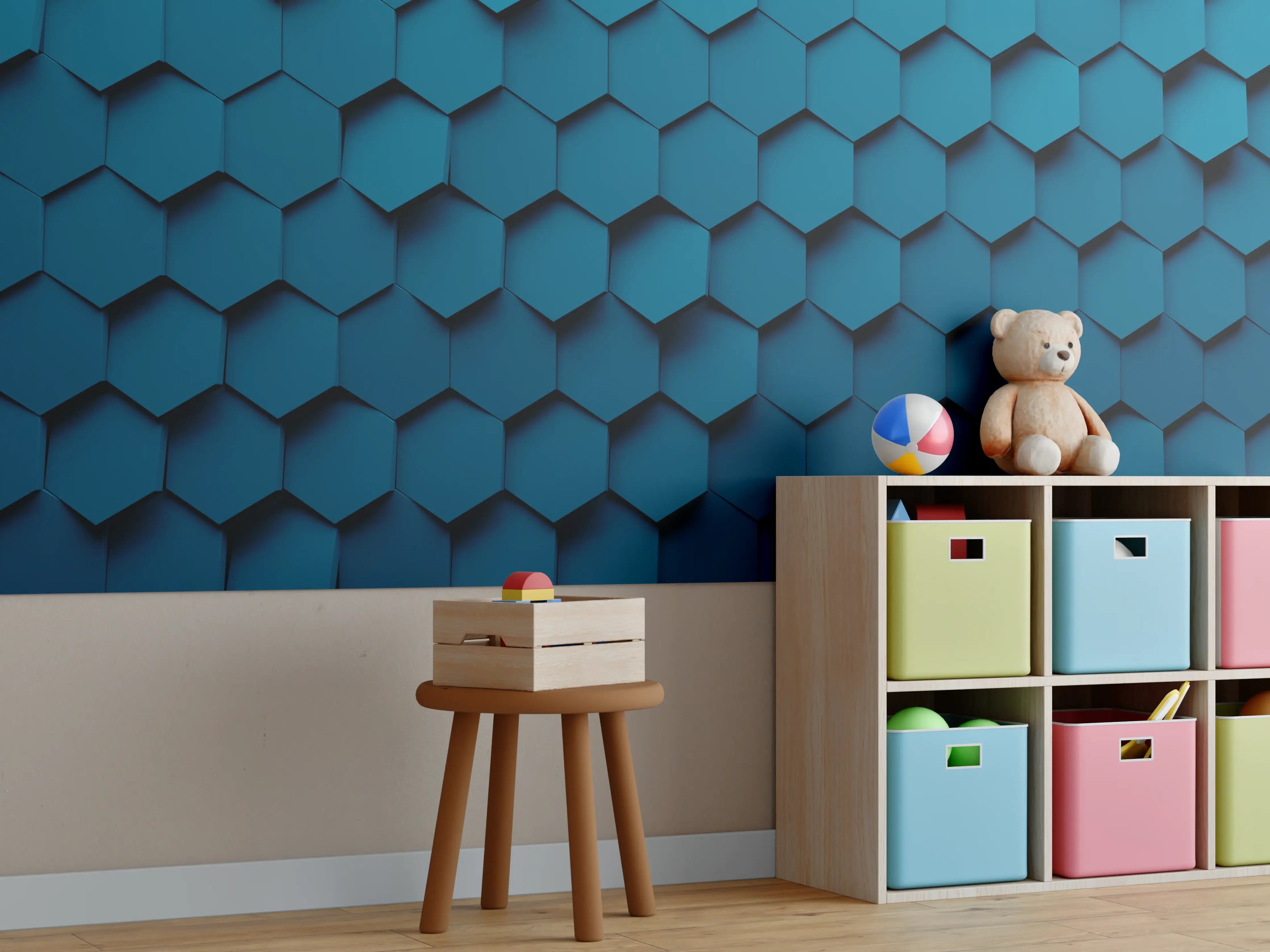 Kinderzimmer Wandgestaltung - Moderne blaue 3D-Hexagon-Wandgestaltung
