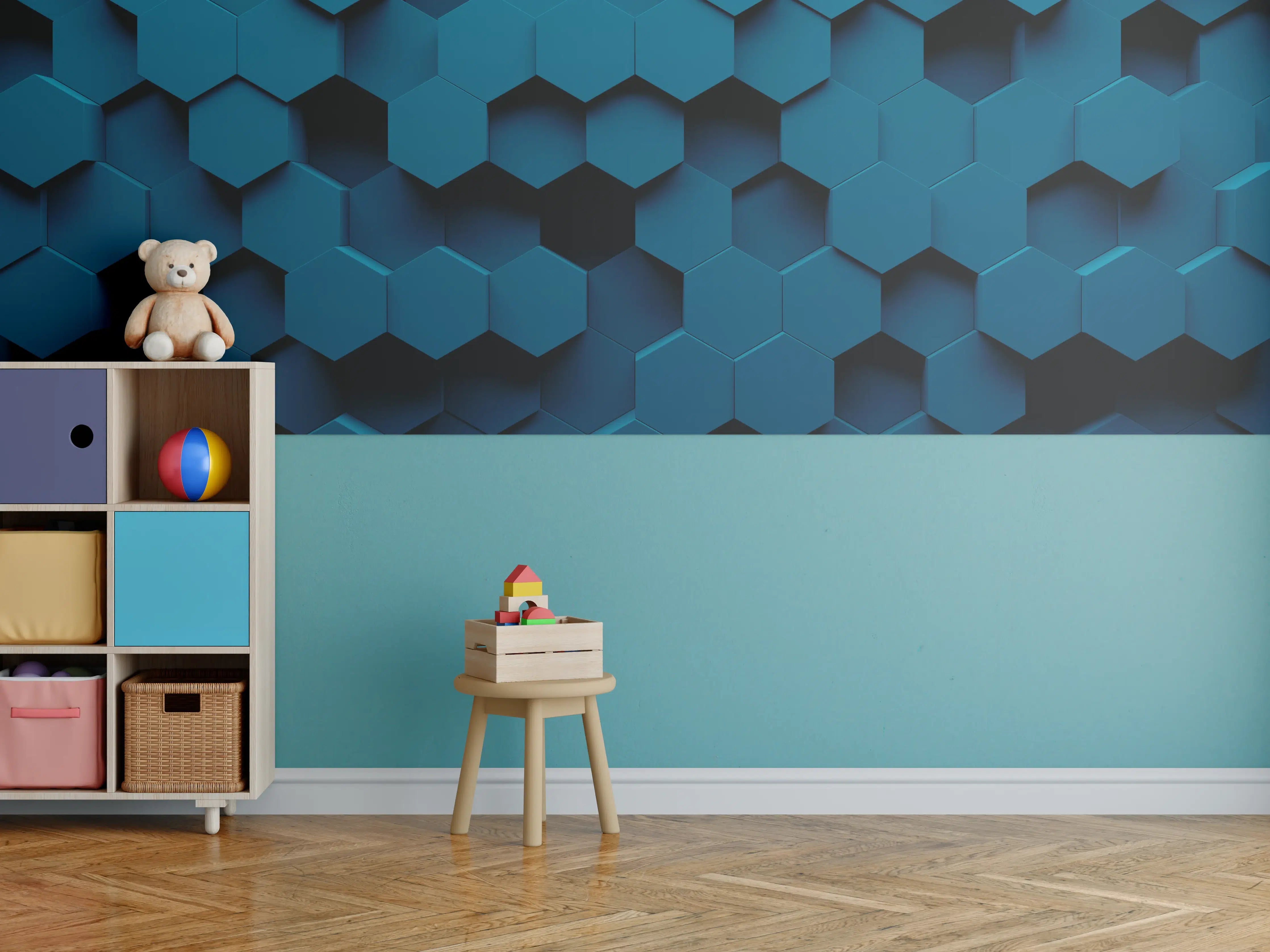 Kinderzimmer Wandgestaltung - Moderne blaue Hexagon-Wandgestaltung