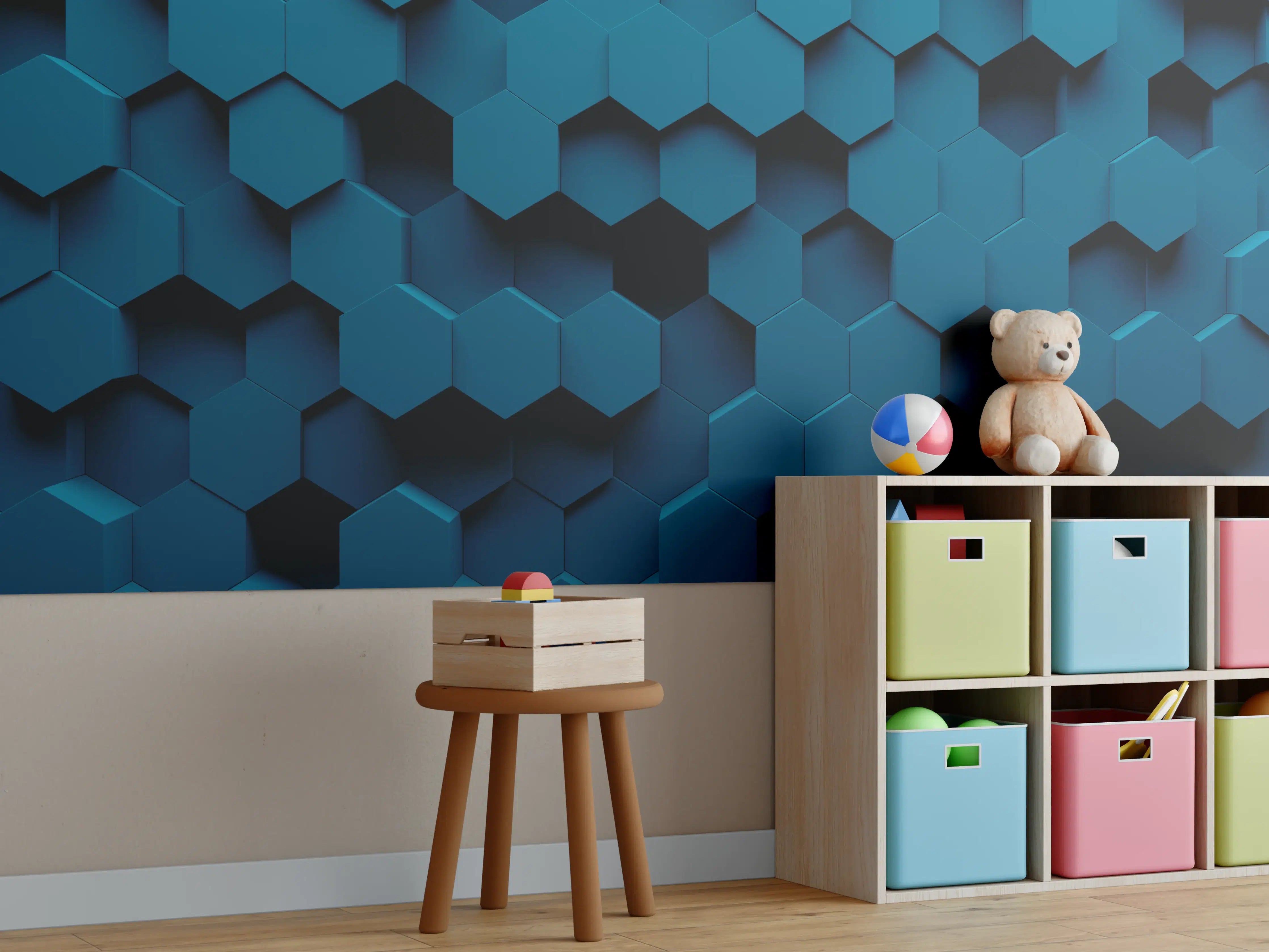 Kinderzimmer Wandgestaltung - Moderne blaue Hexagon-Wandgestaltung