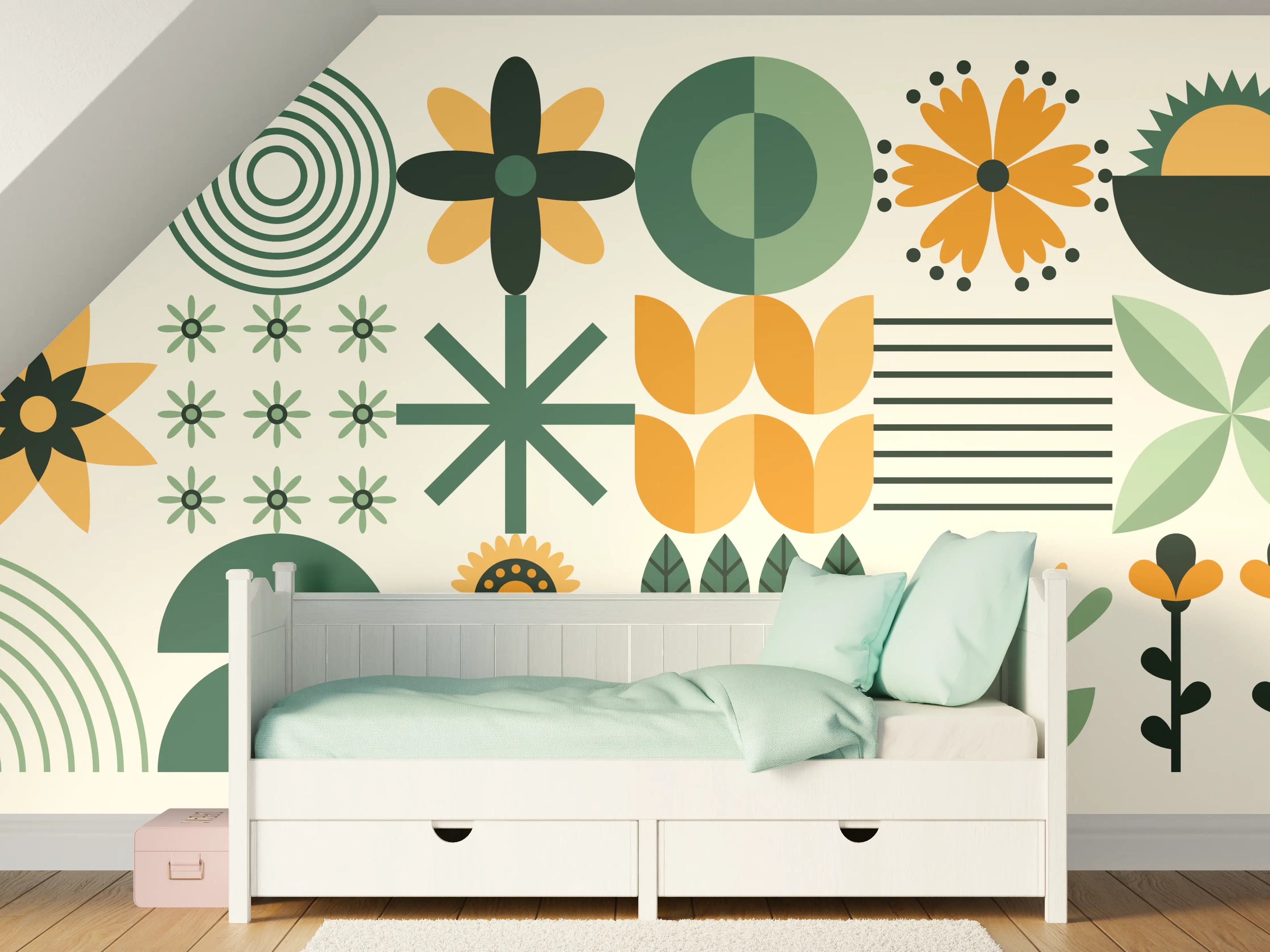 Kinderzimmer Wandgestaltung - Moderne geometrische Muster in Grün und Orange