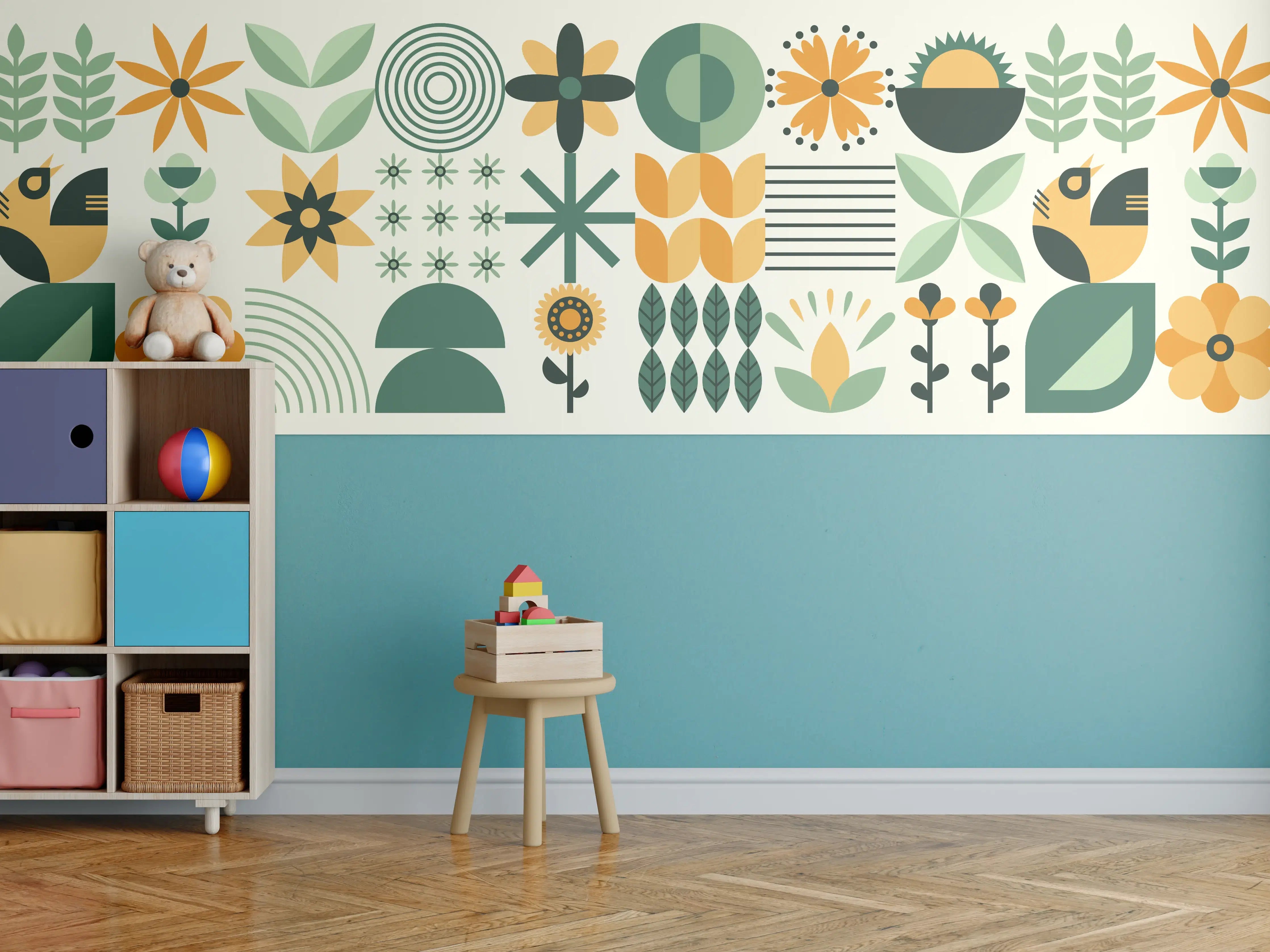 Kinderzimmer Wandgestaltung - Moderne geometrische Muster in Grün und Orange