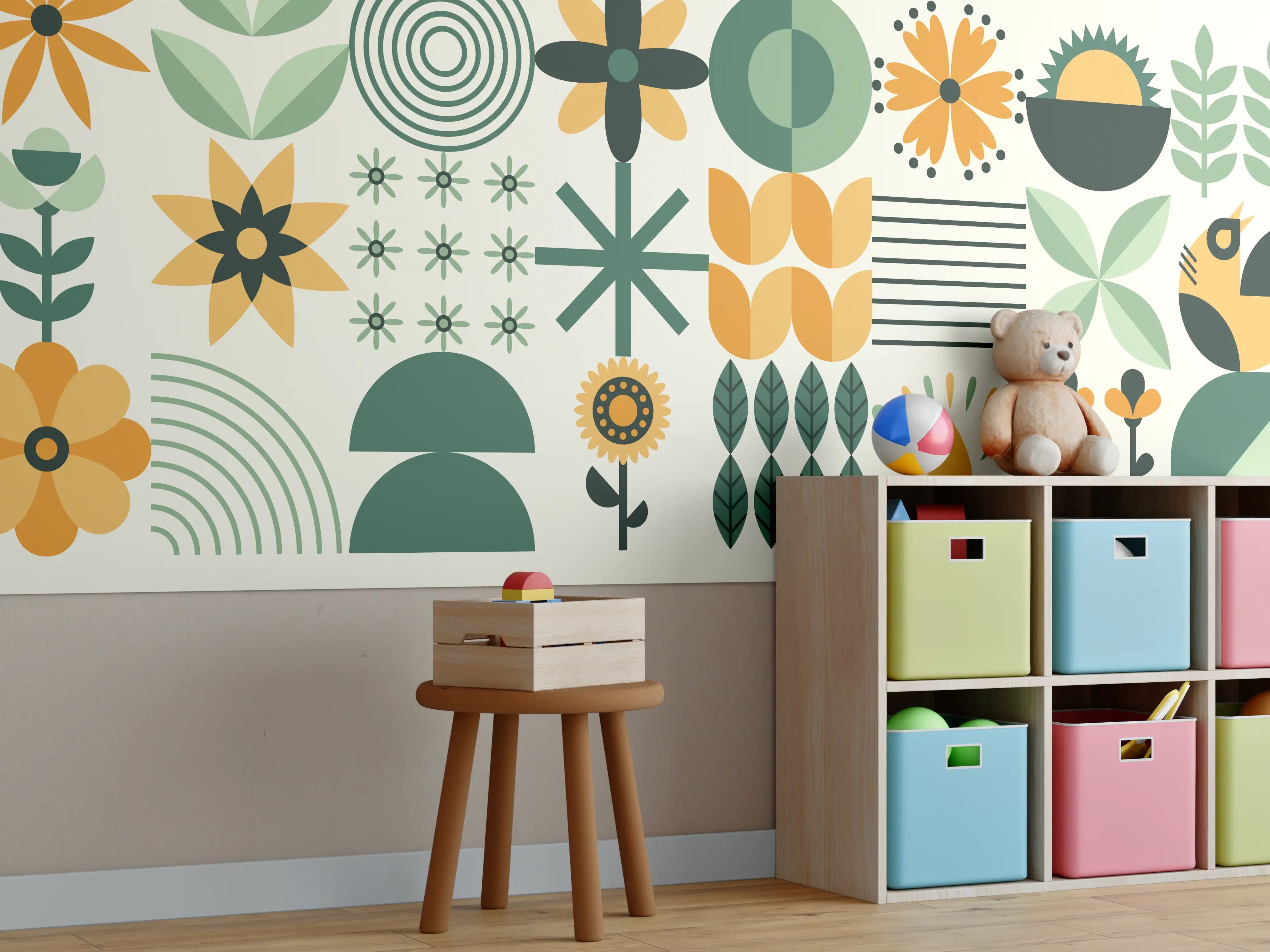 Kinderzimmer Wandgestaltung - Moderne geometrische Muster in Grün und Orange