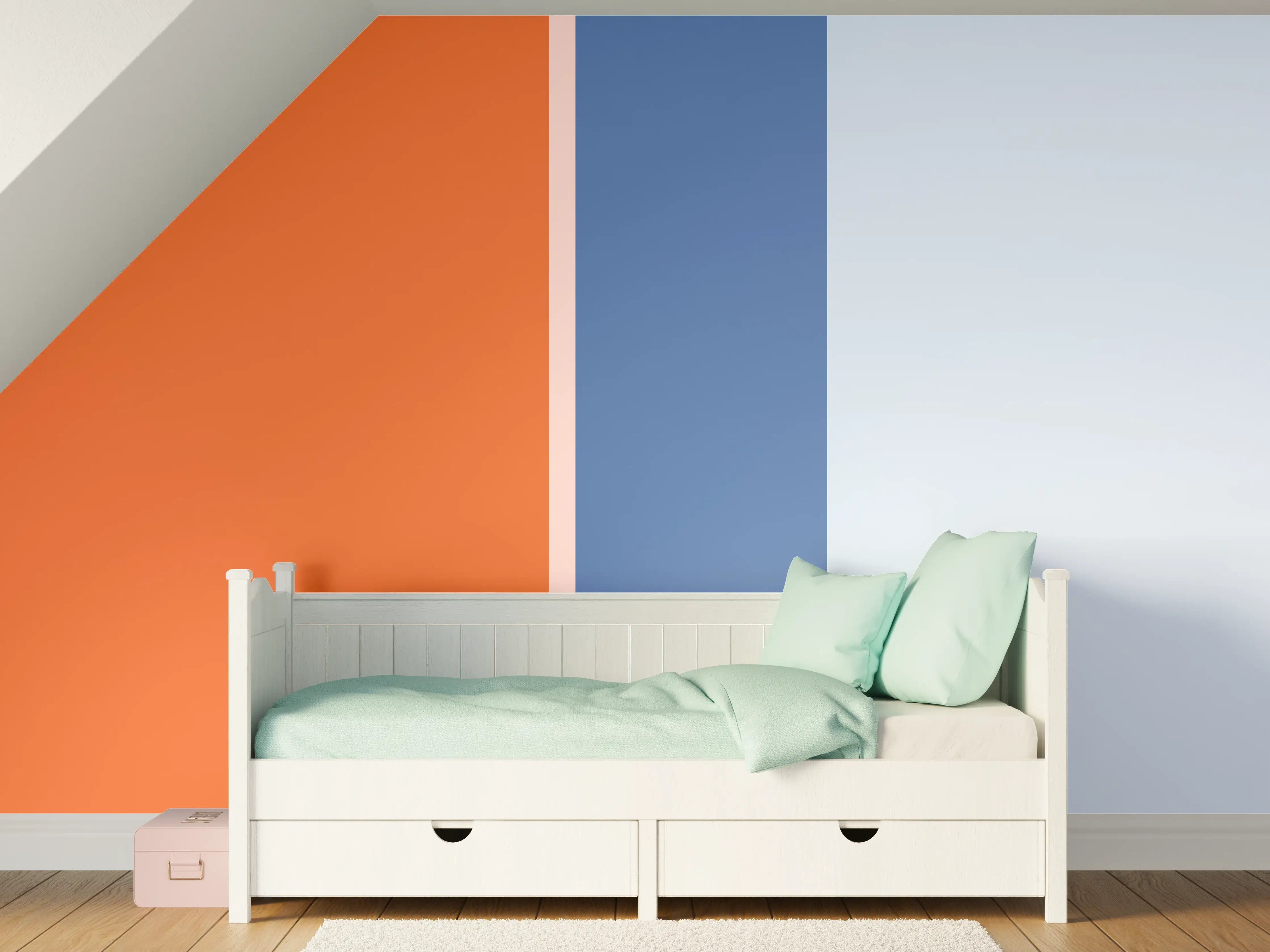 Kinderzimmer Wandgestaltung - Moderner blauer Farbverlauf mit Orange Akzent