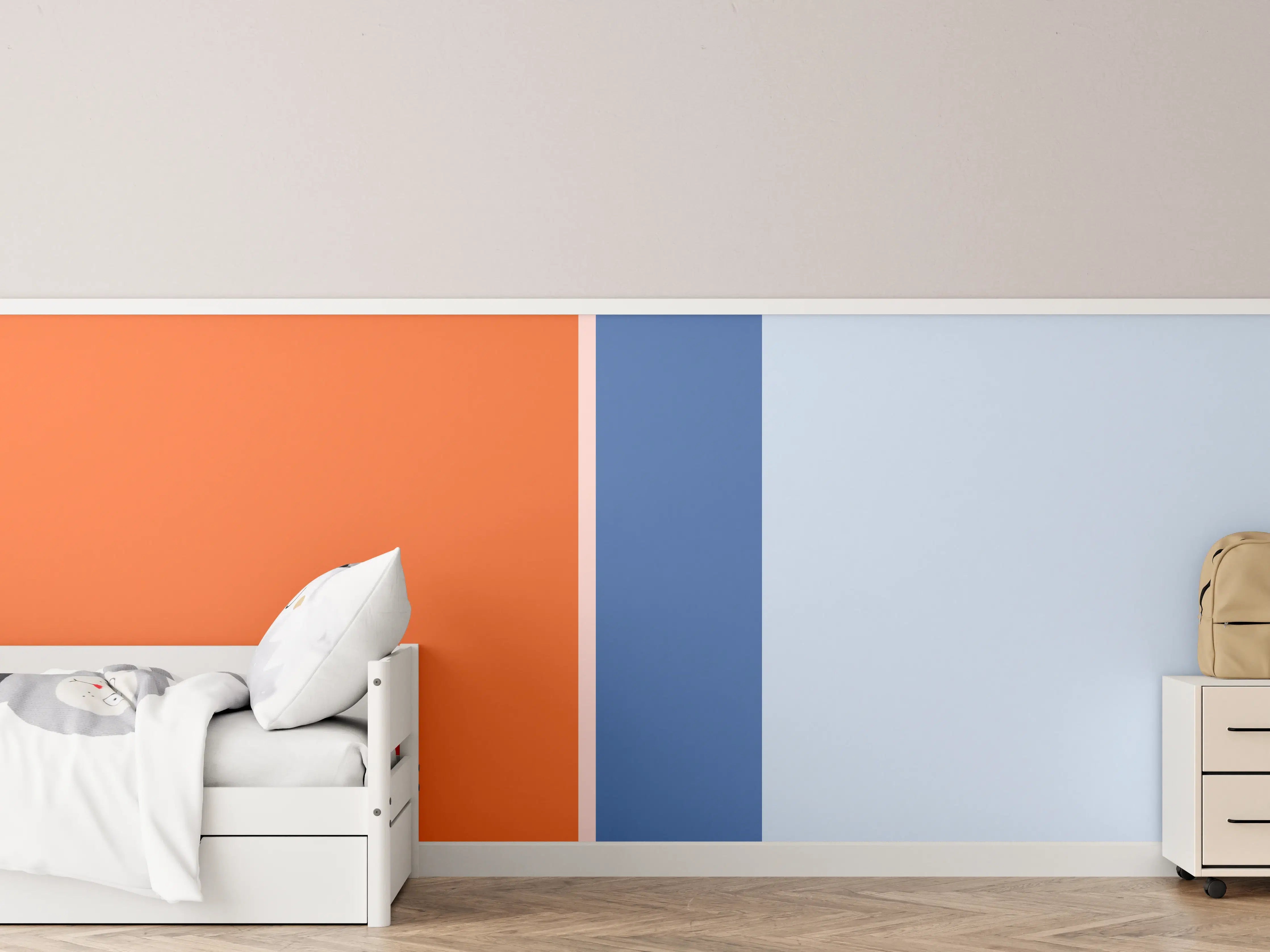 Kinderzimmer Wandgestaltung - Moderner blauer Farbverlauf mit Orange Akzent