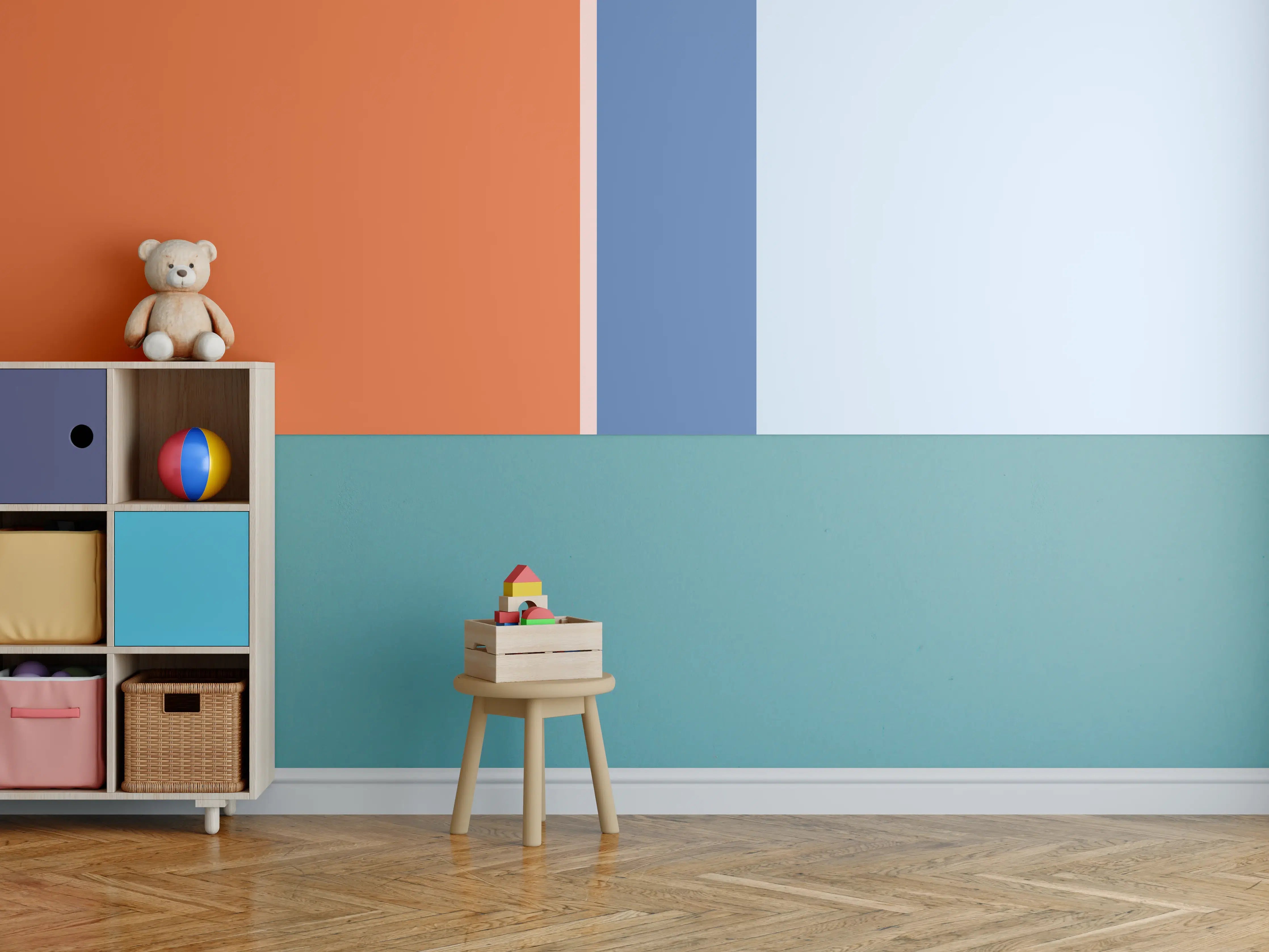 Kinderzimmer Wandgestaltung - Moderner blauer Farbverlauf mit Orange Akzent