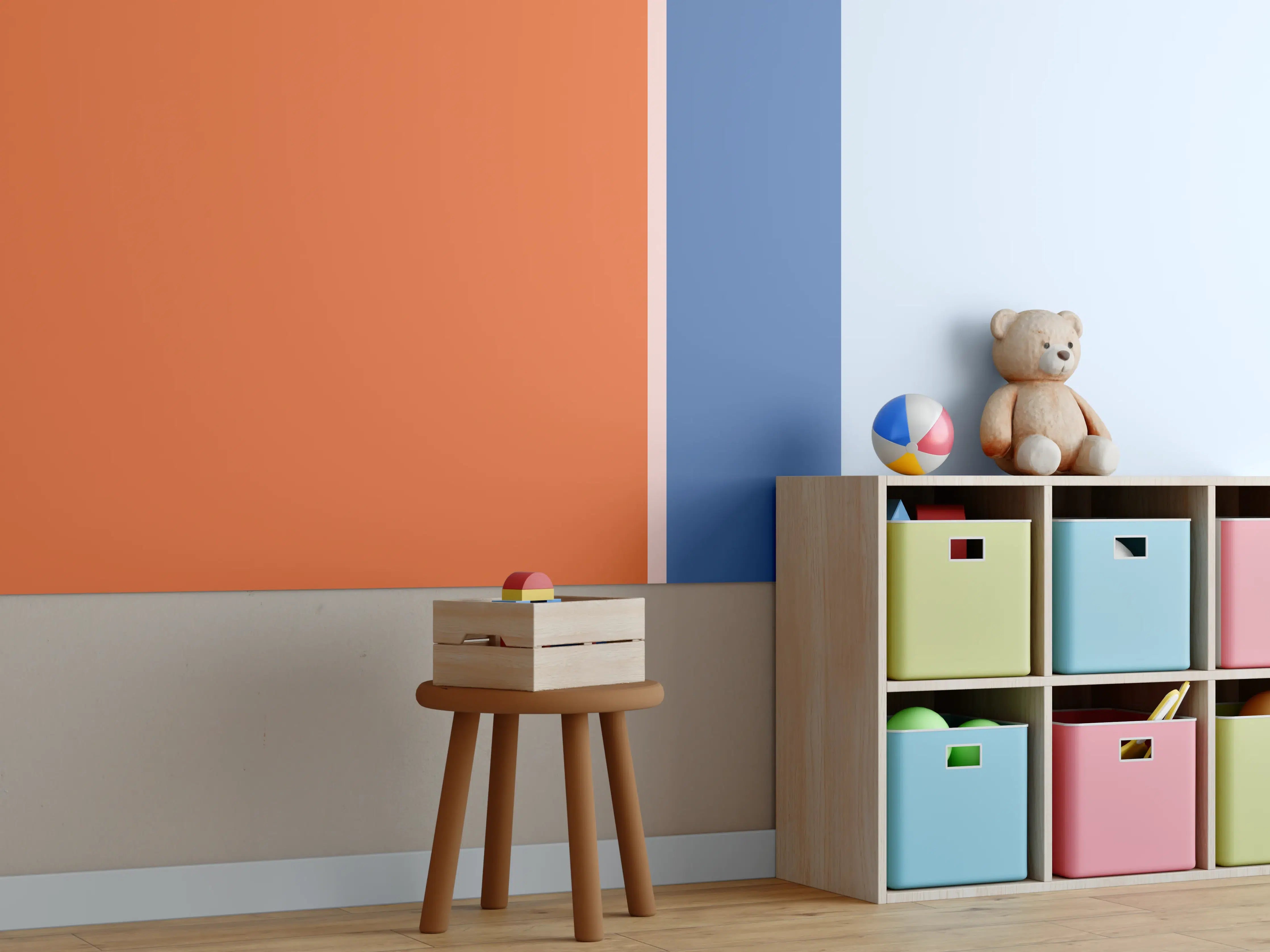 Kinderzimmer Wandgestaltung - Moderner blauer Farbverlauf mit Orange Akzent