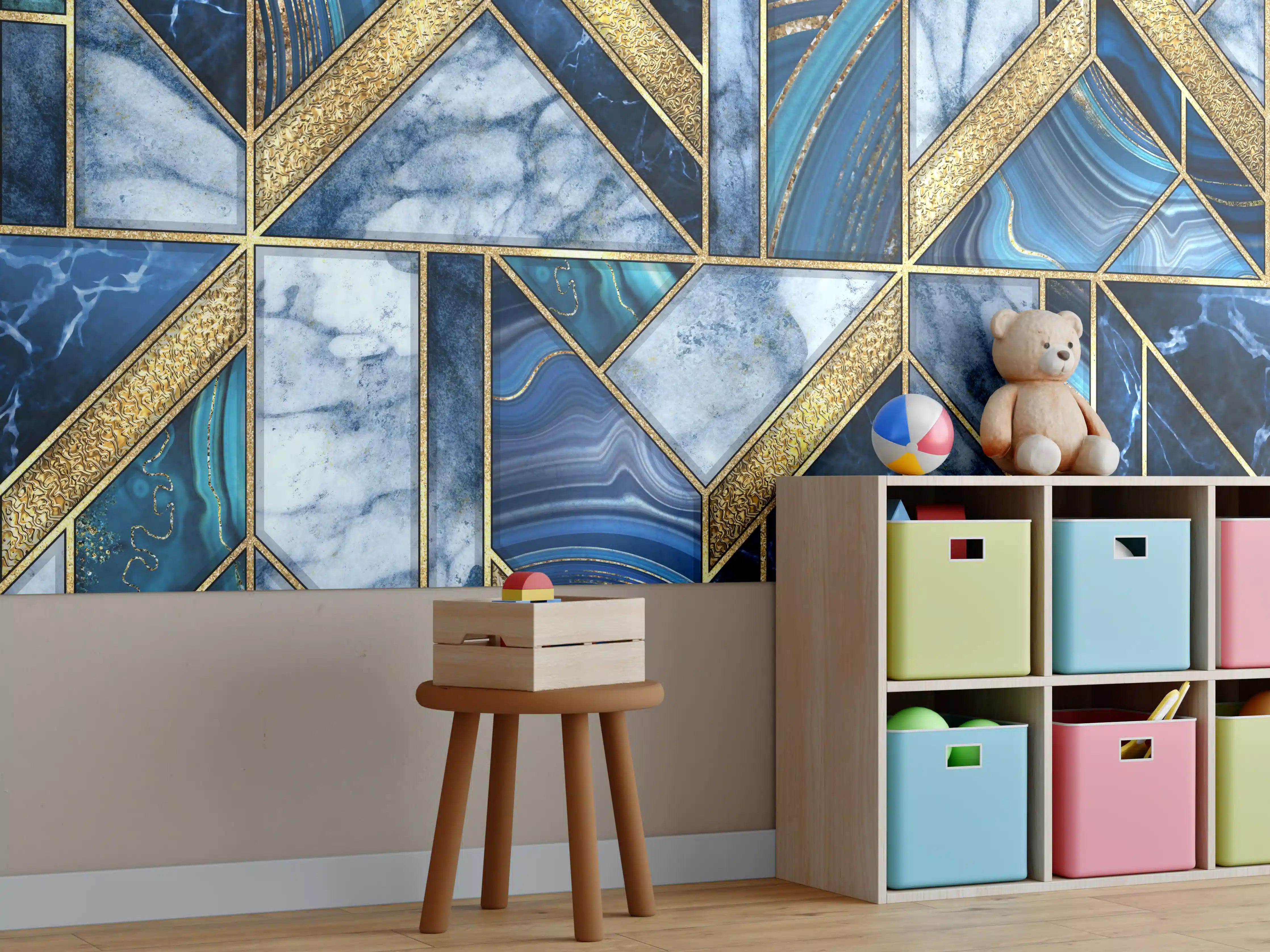 Kinderzimmer Wandgestaltung - Modernes Blau-Gold Mosaik