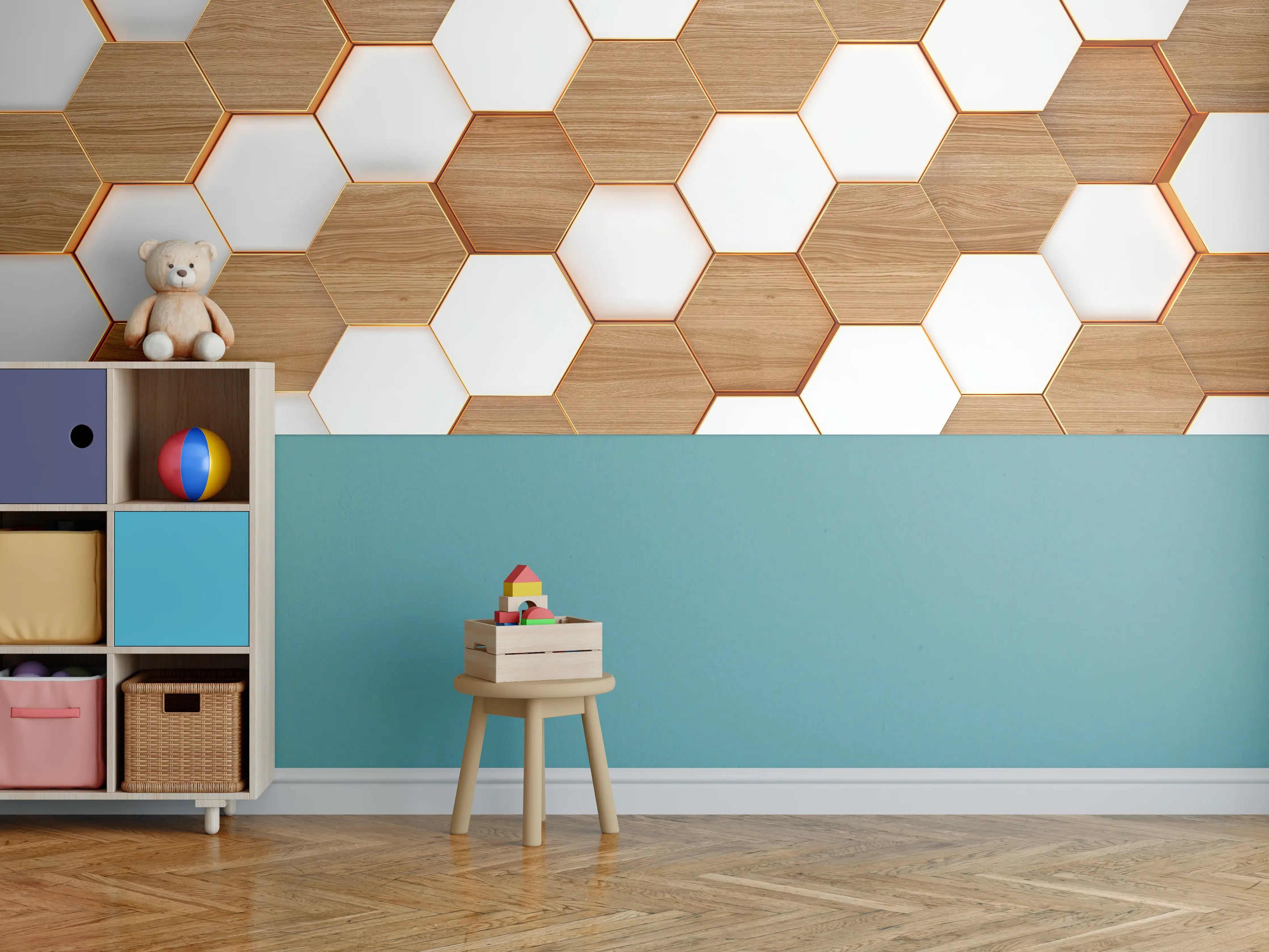 Kinderzimmer Wandgestaltung - Modernes Hexagon Muster Weiß