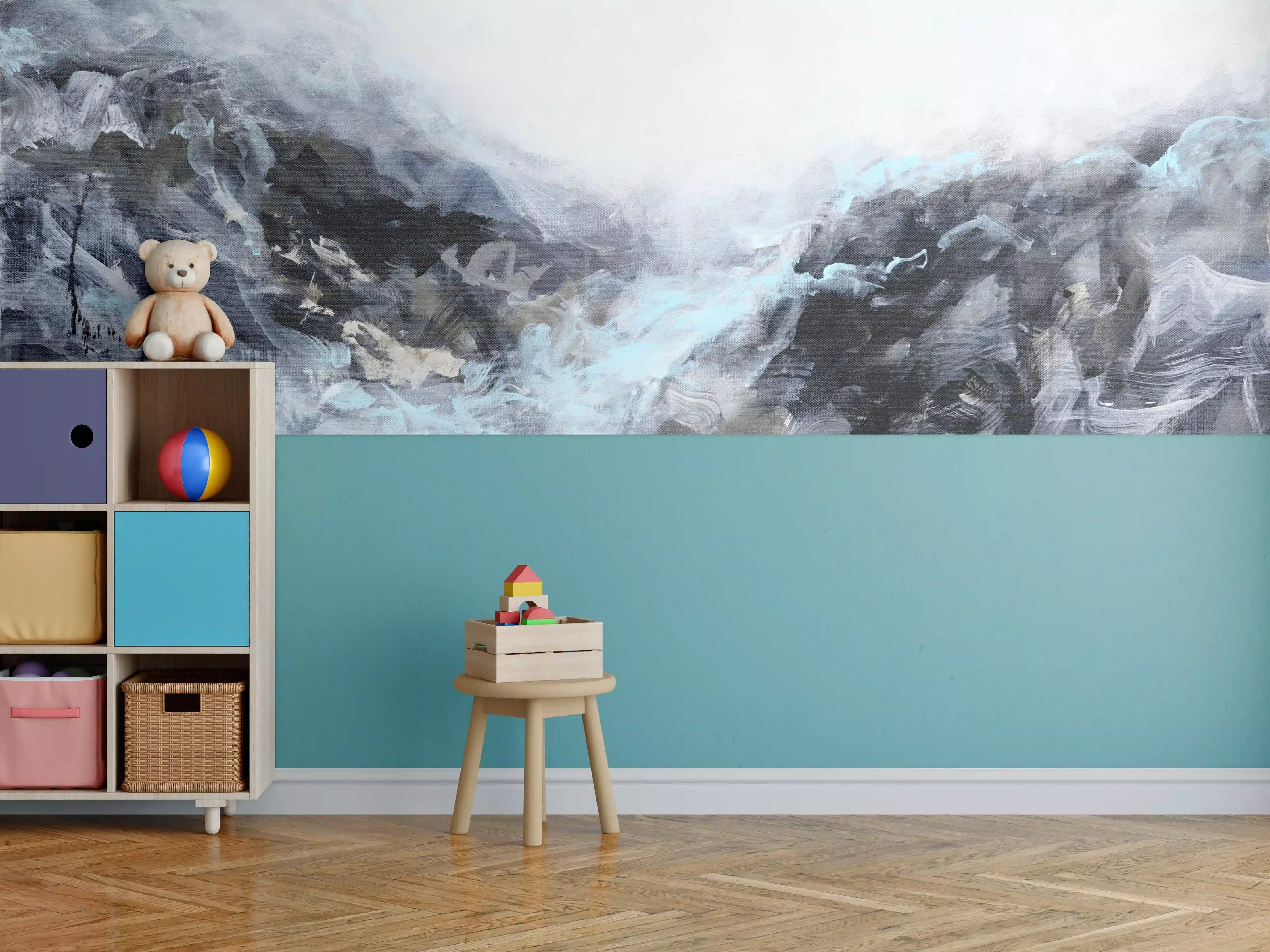 Kinderzimmer Wandgestaltung - Modernes Küsten-Abstrakt Blau-Grau