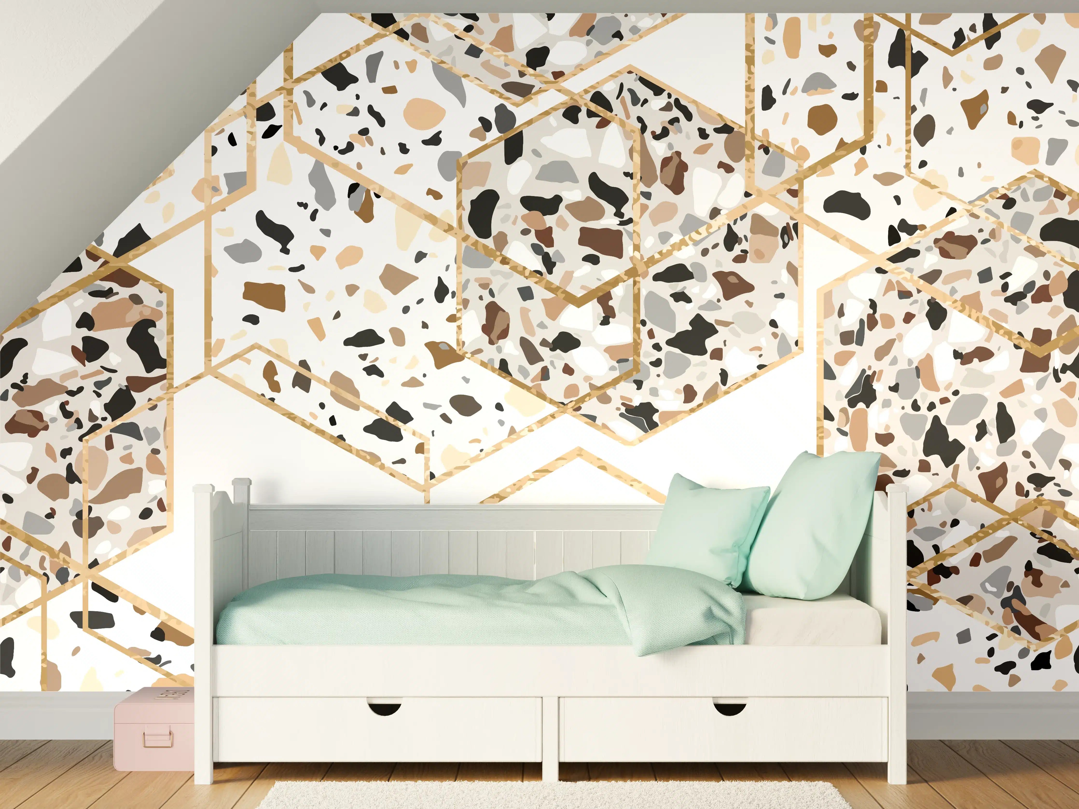 Kinderzimmer Wandgestaltung - Modernes Terrazzo-Gold-Muster