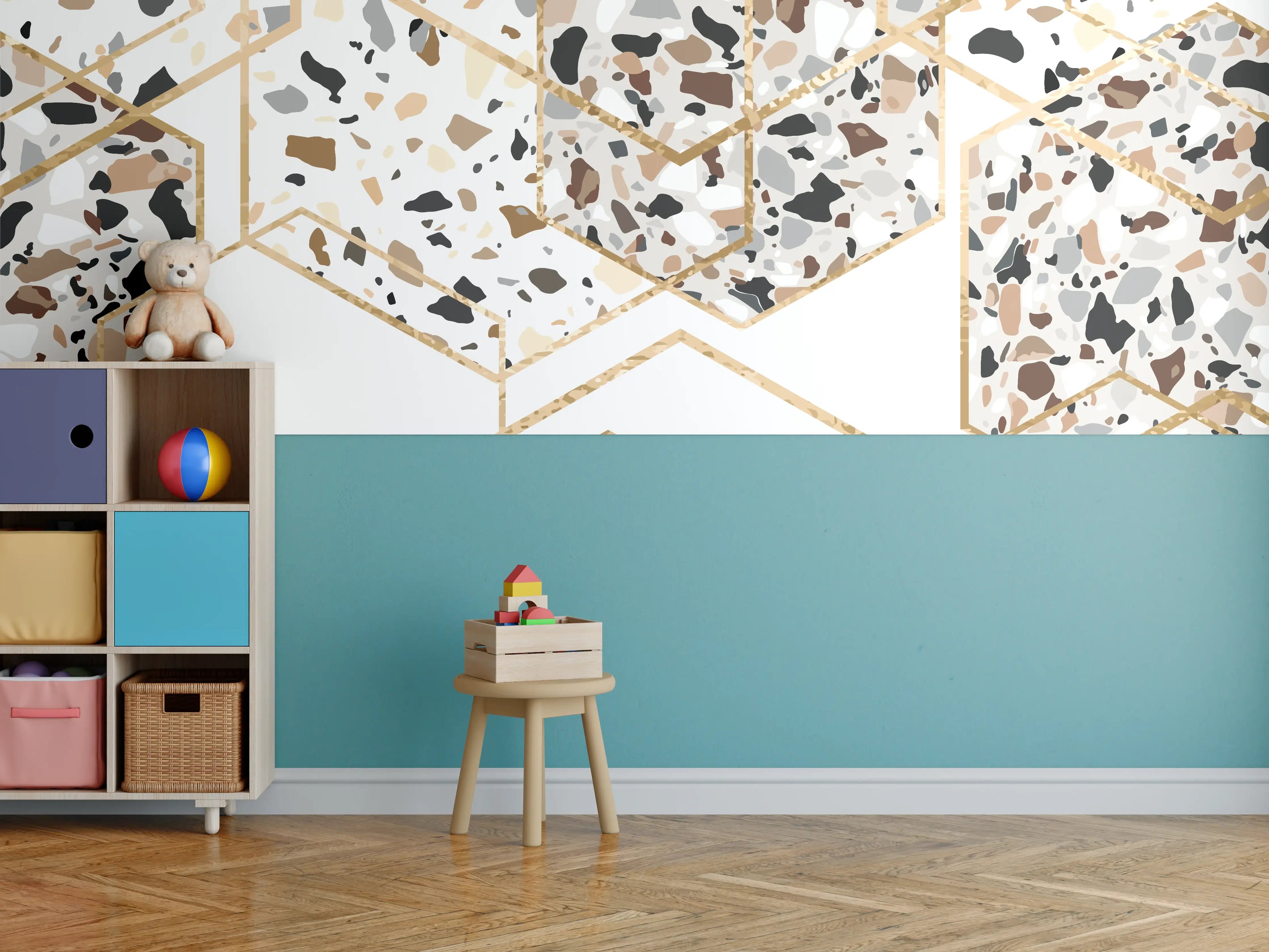 Kinderzimmer Wandgestaltung - Modernes Terrazzo-Gold-Muster