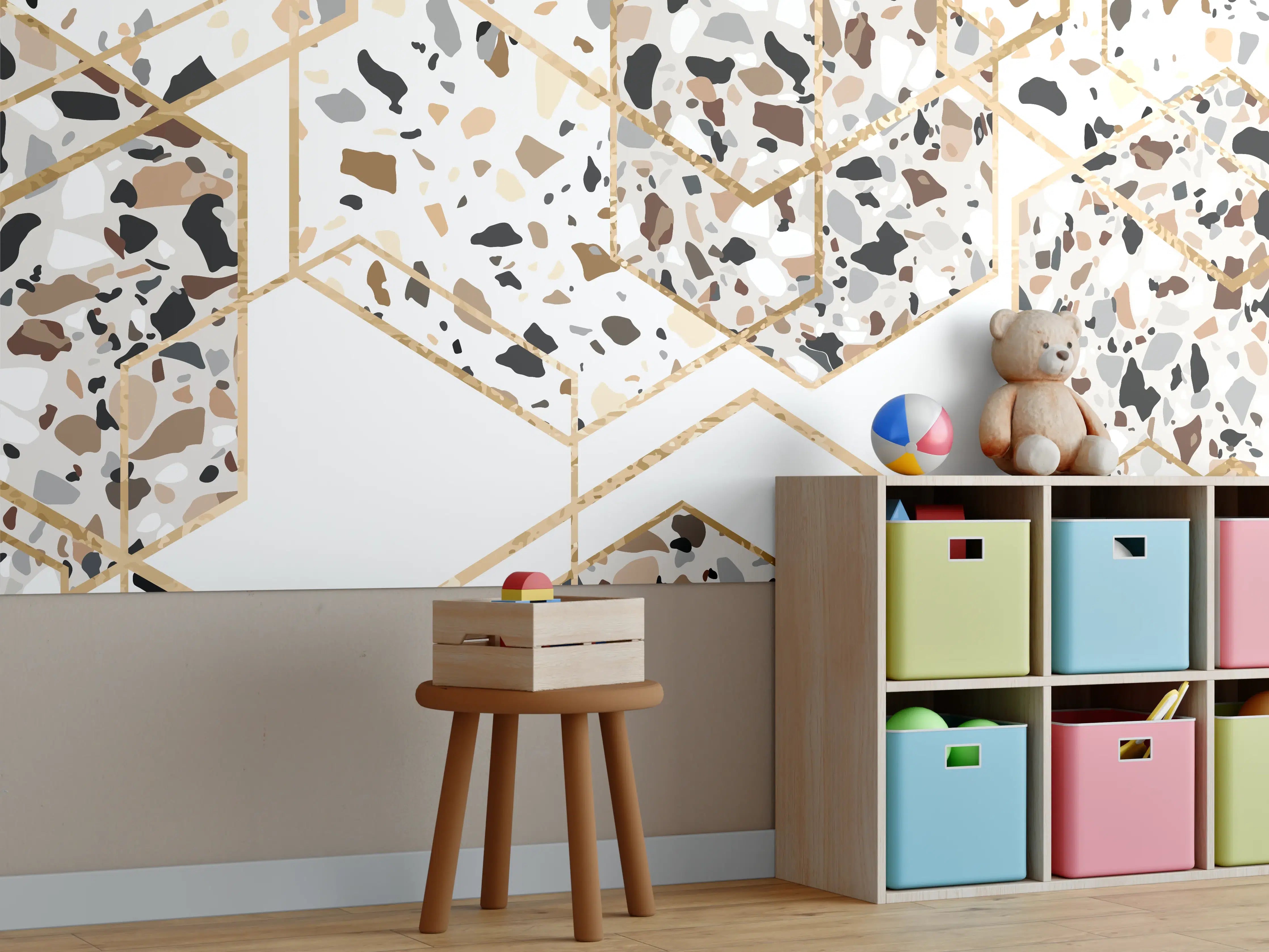 Kinderzimmer Wandgestaltung - Modernes Terrazzo-Gold-Muster