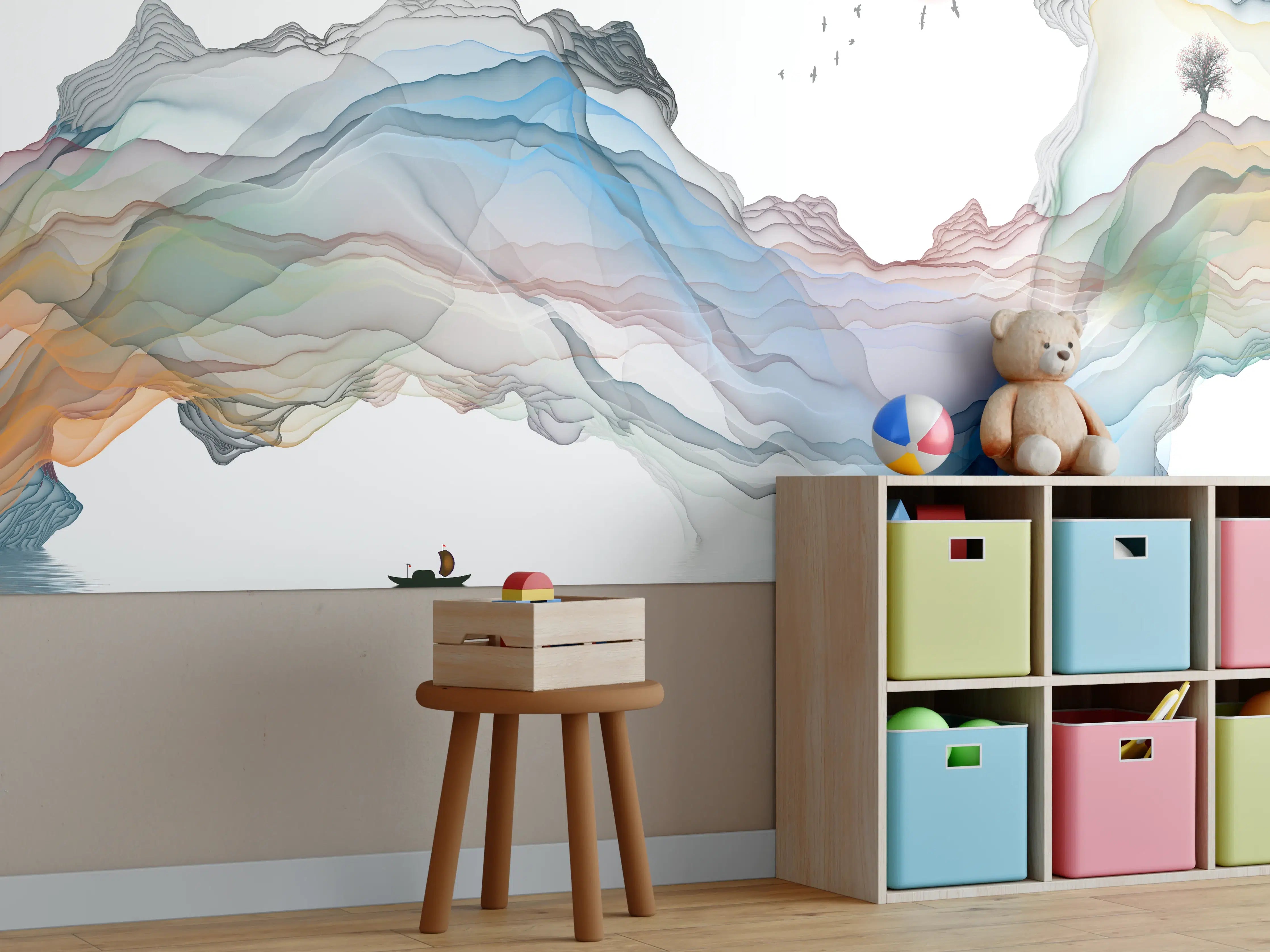 Kinderzimmer Wandgestaltung - Modernes Wasserfarben Gemälde Boot Vögel See