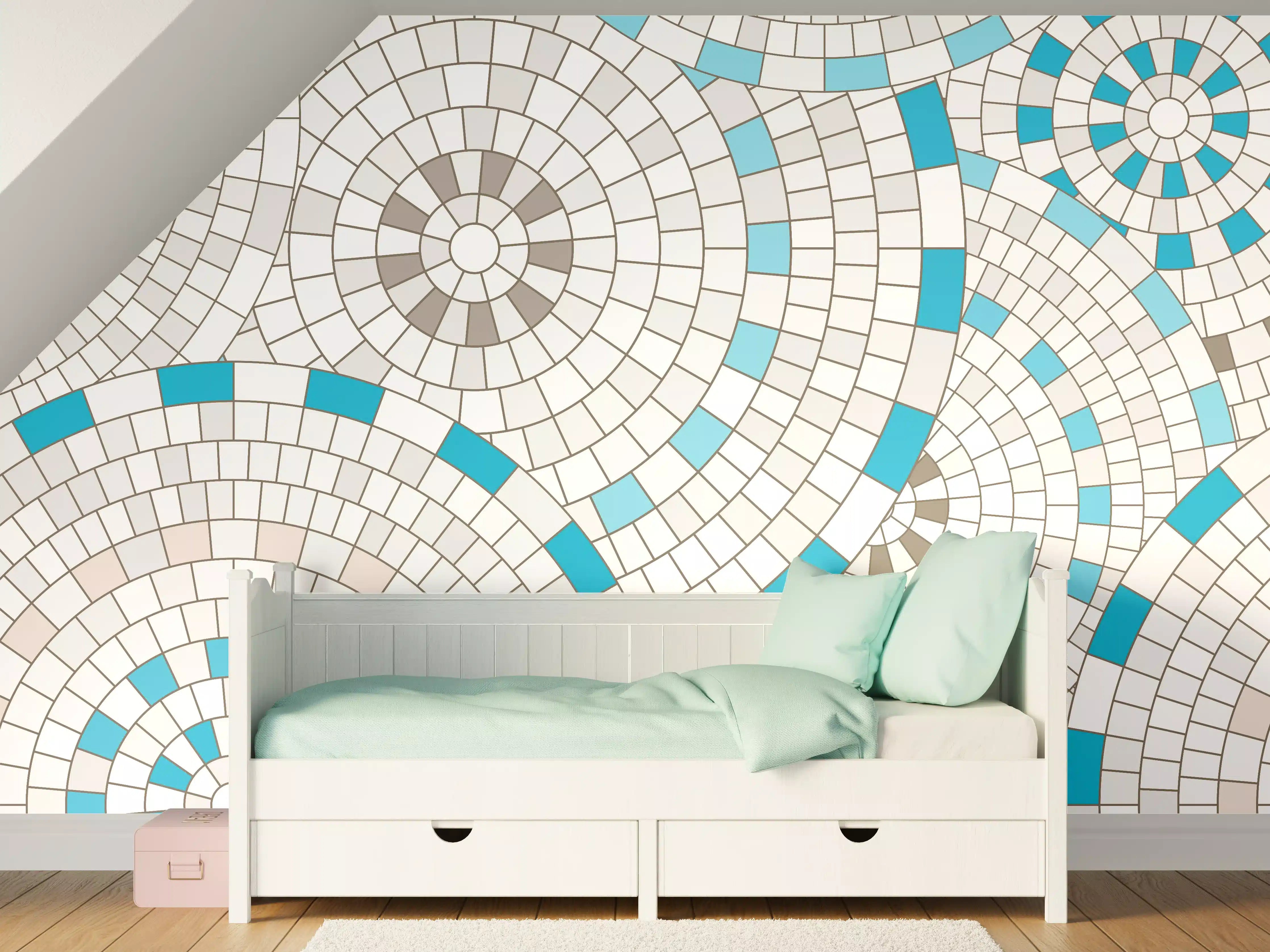 Kinderzimmer Wandgestaltung - Modernes Weiß-Blau Mosaik-Design