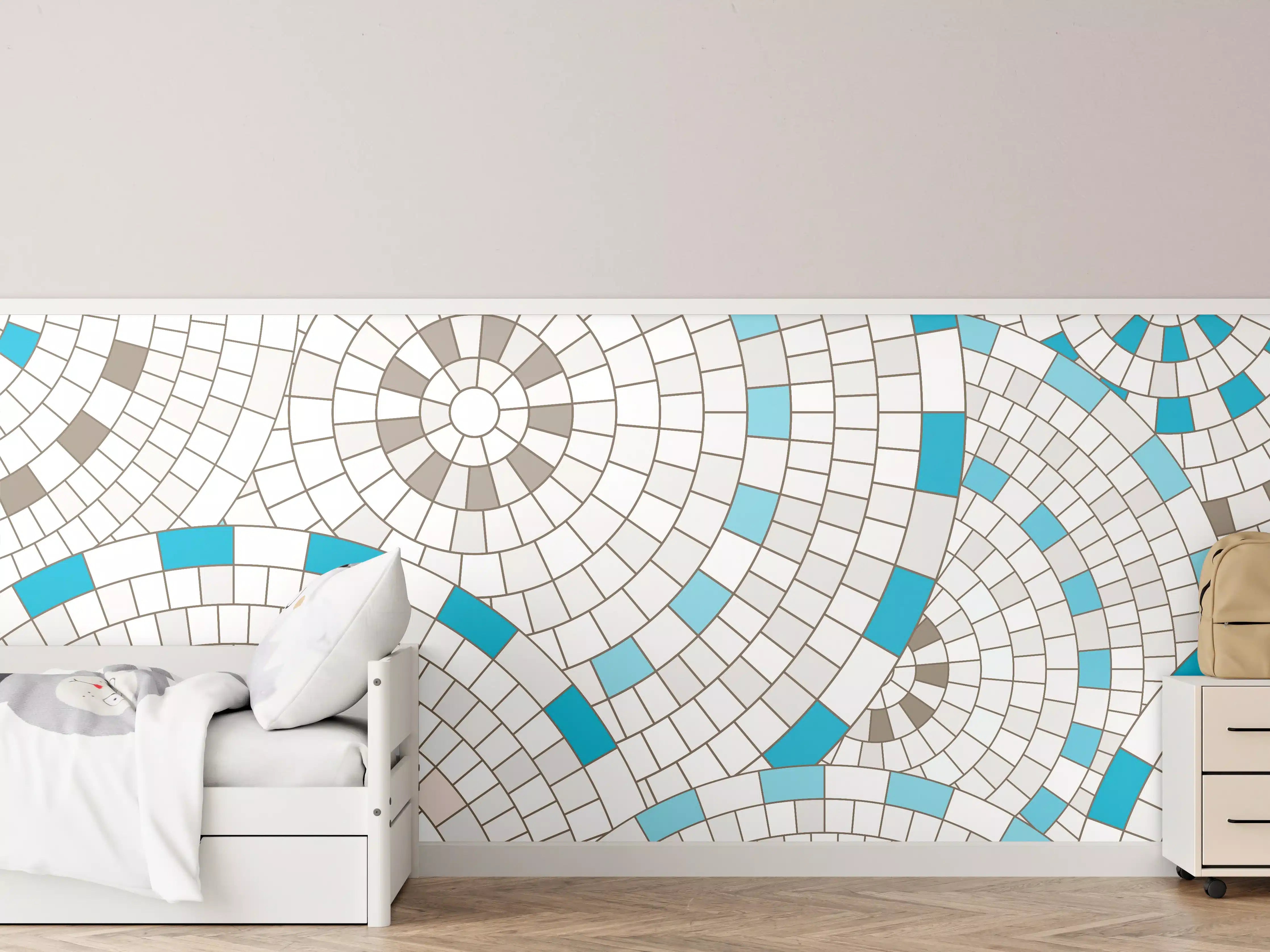 Kinderzimmer Wandgestaltung - Modernes Weiß-Blau Mosaik-Design