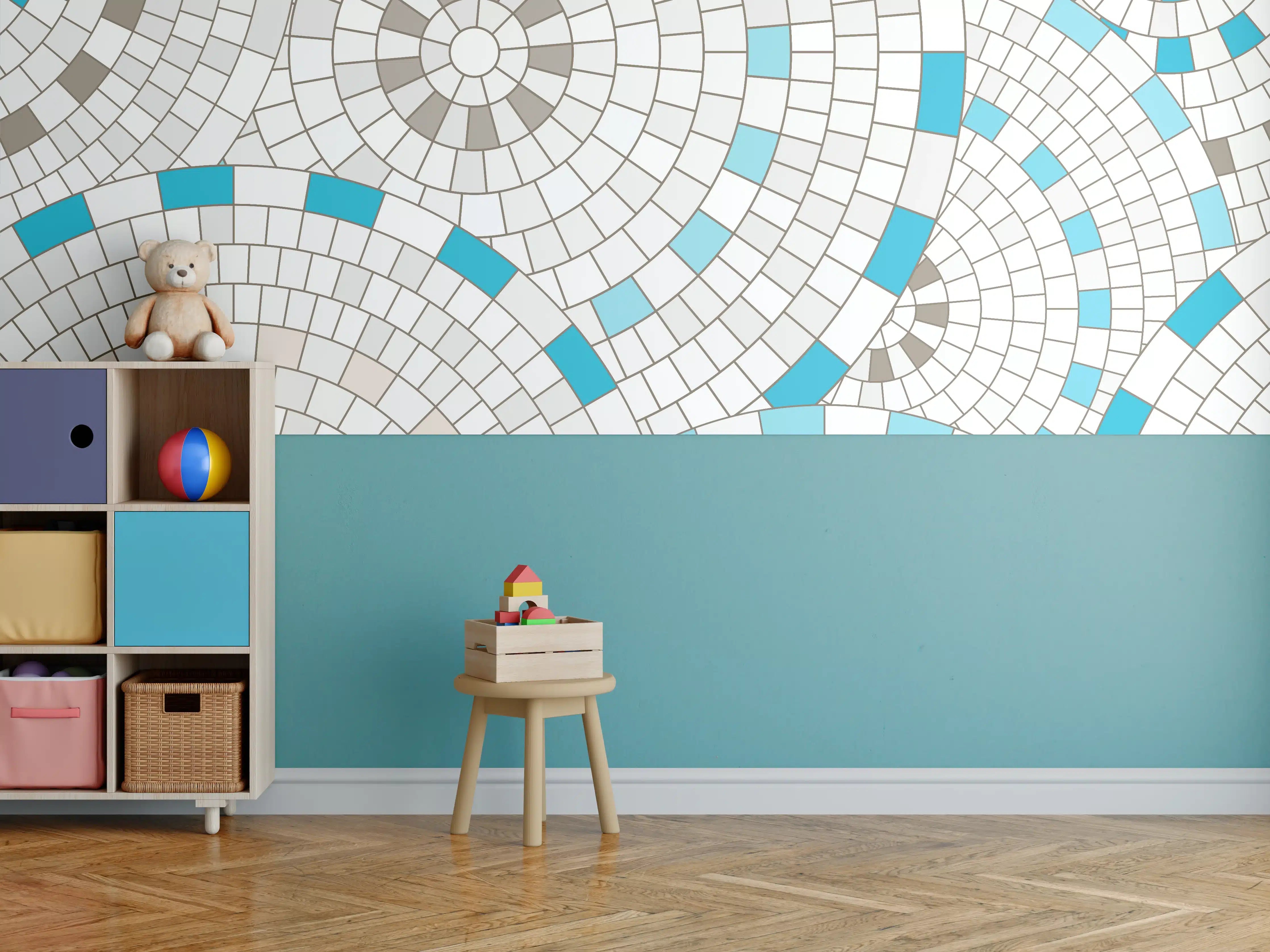 Kinderzimmer Wandgestaltung - Modernes Weiß-Blau Mosaik-Design