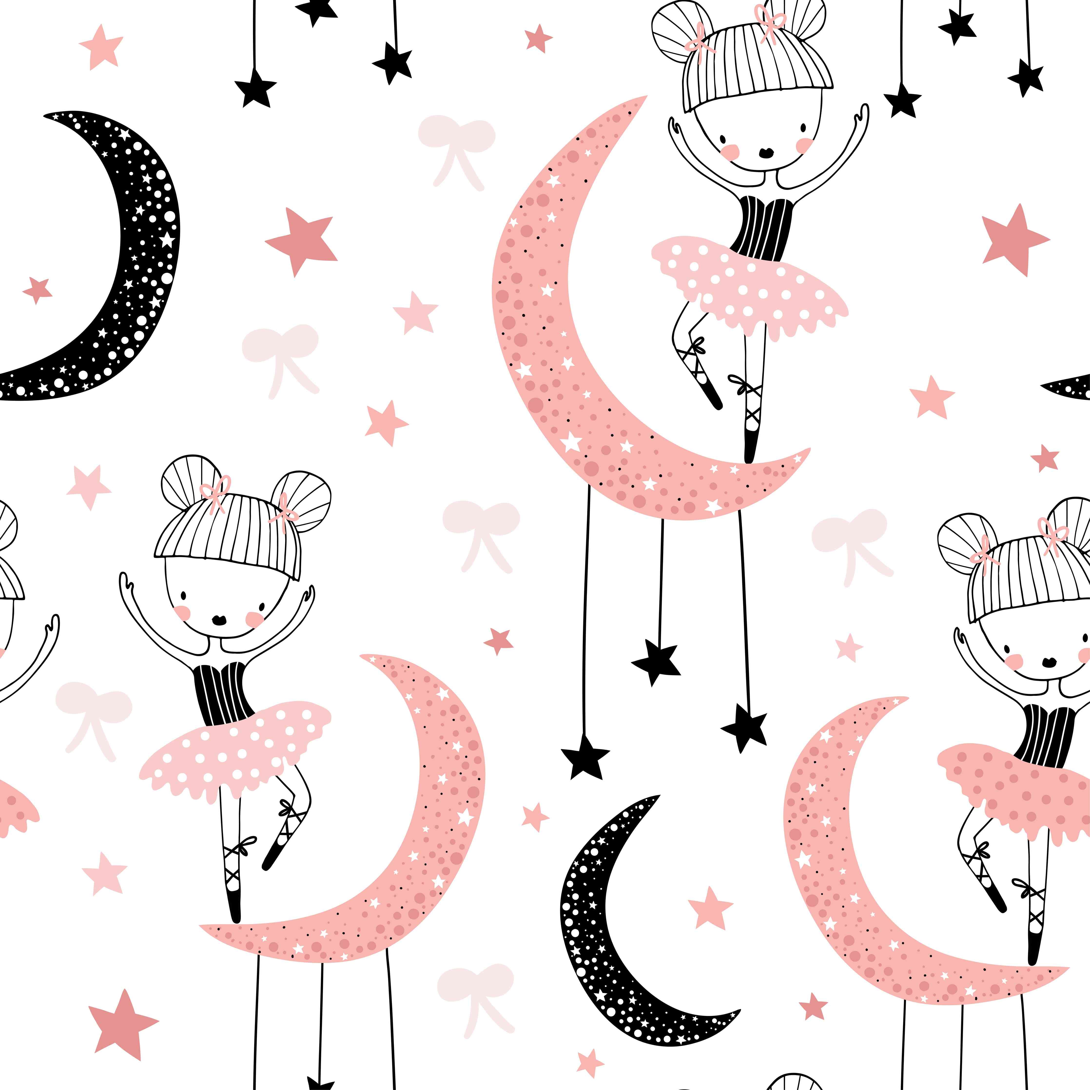 Kinderzimmer Wandgestaltung-Mond Tanzende Mädchen Schwarz Weiß