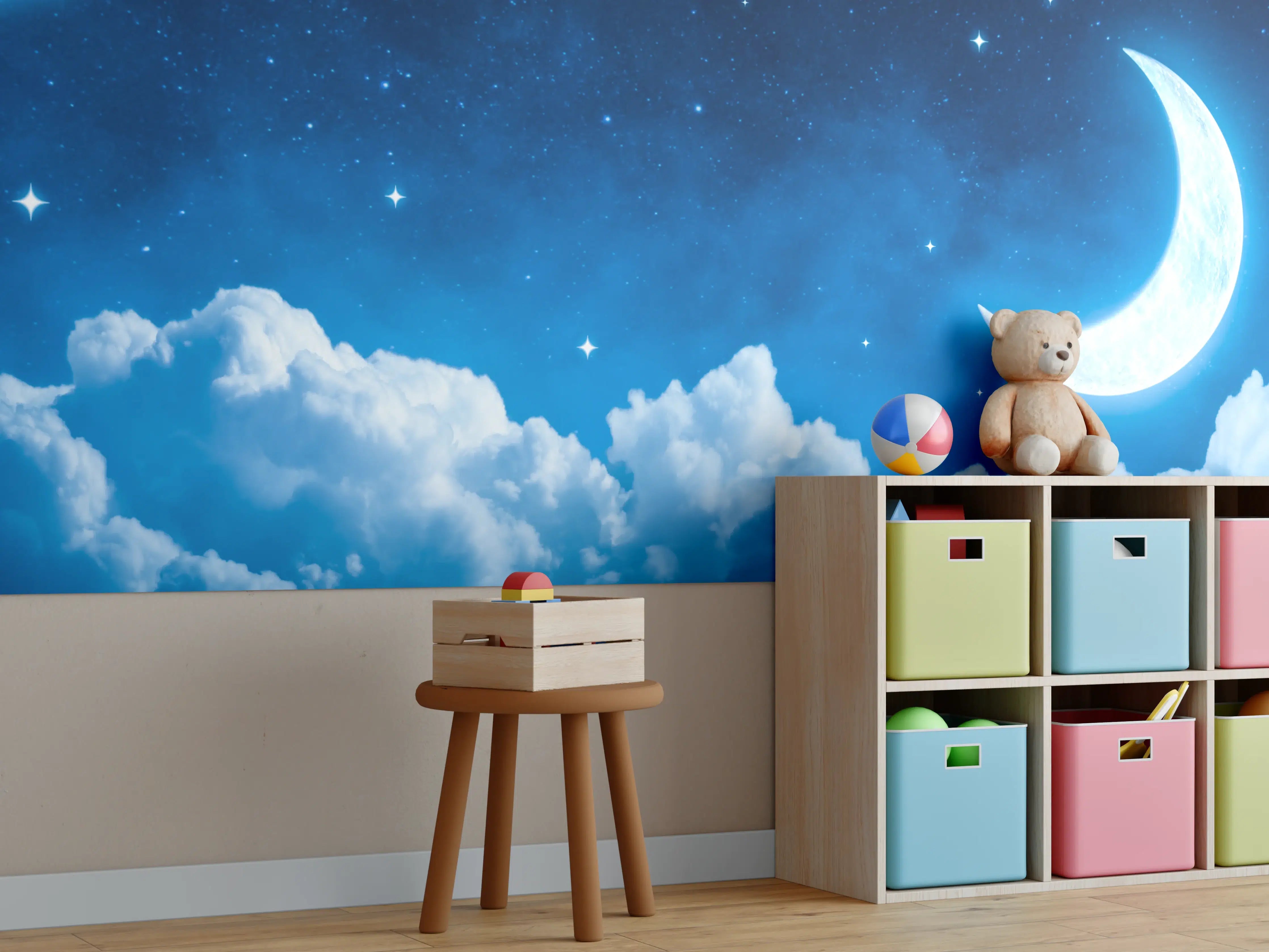 Kinderzimmer Wandgestaltung - Mond am nächtlichen Himmel mit Sternen