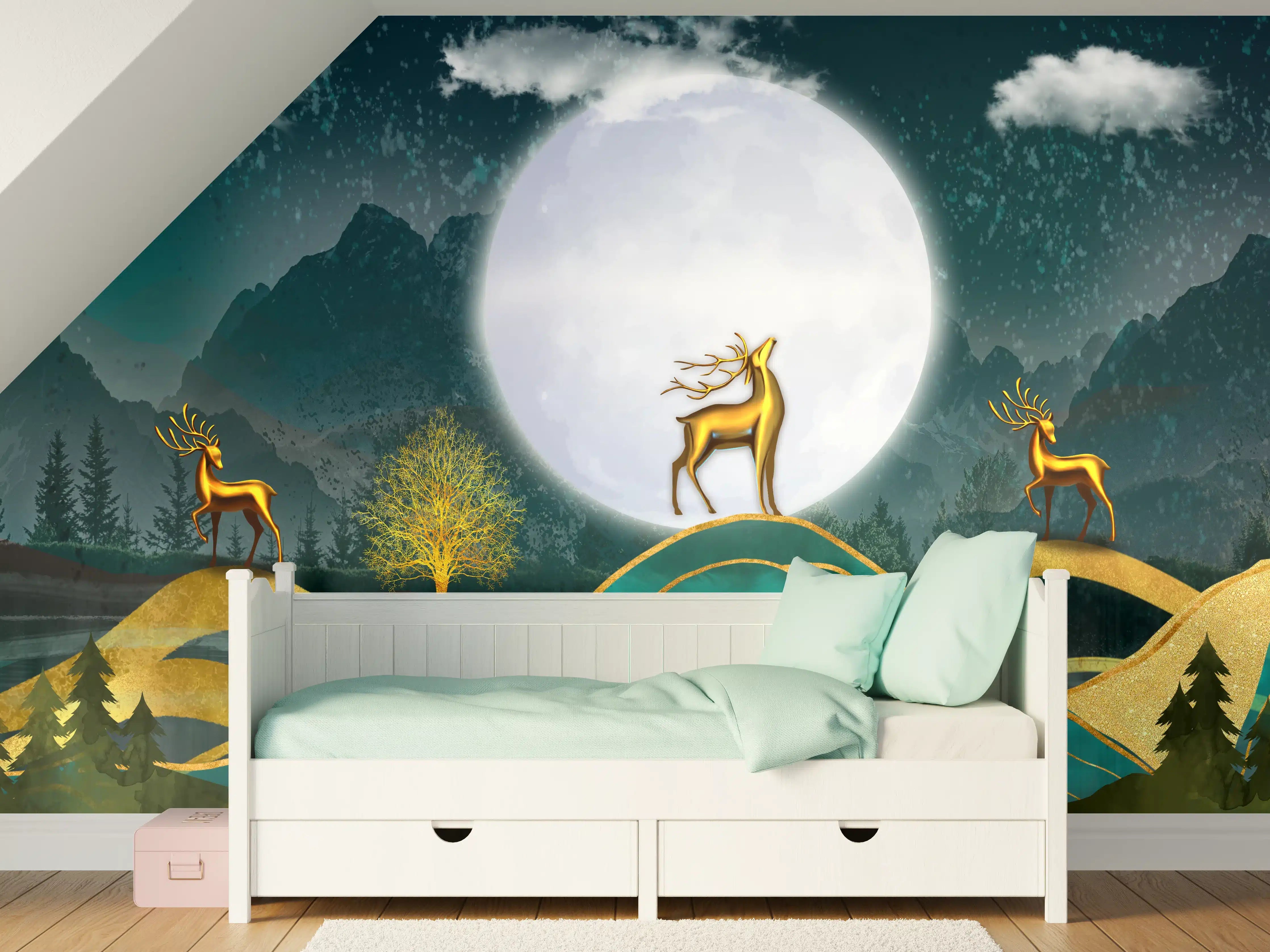Kinderzimmer Wandgestaltung - Mondlicht mit goldenem Hirschmotiv