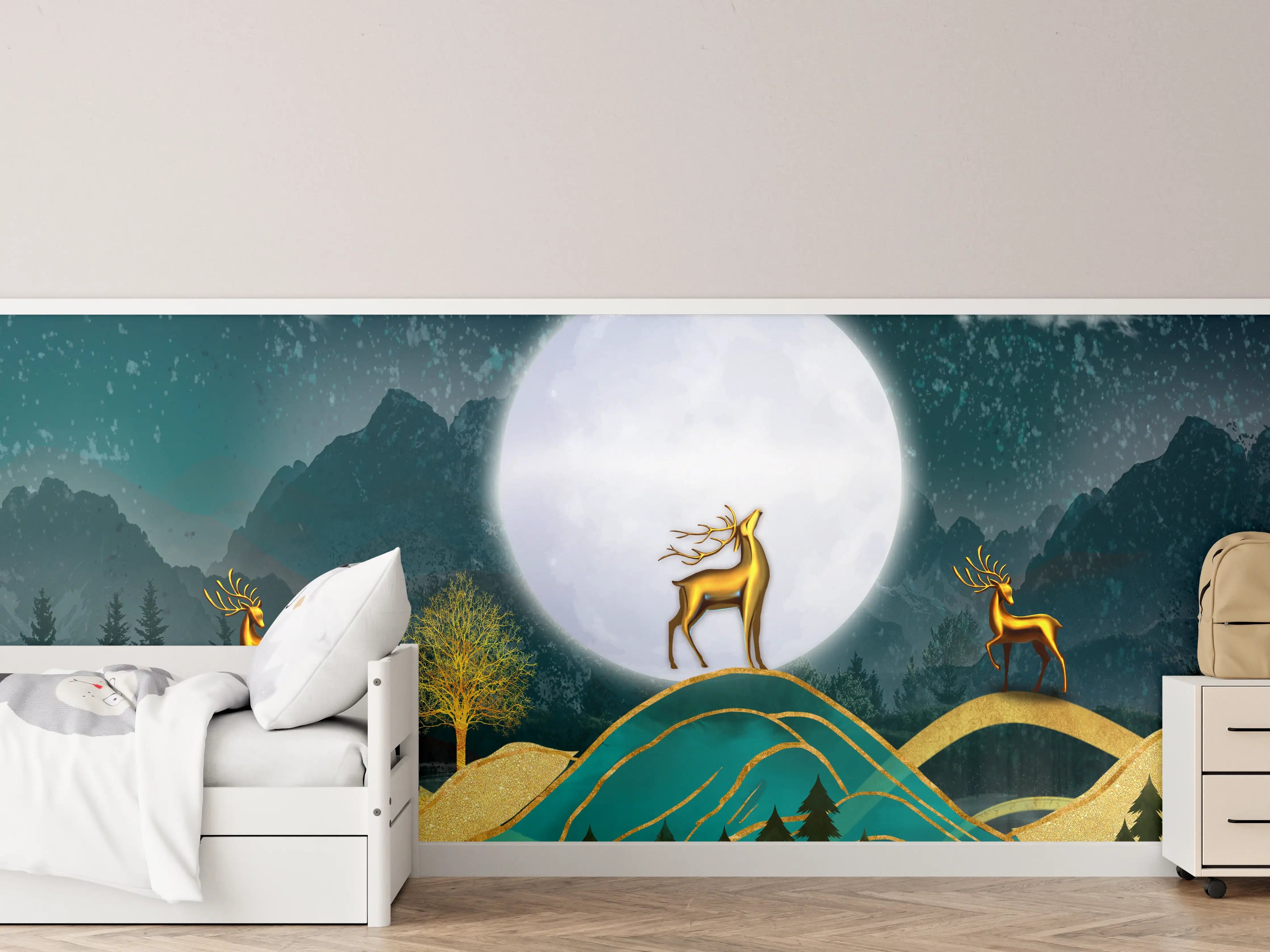 Kinderzimmer Wandgestaltung - Mondlicht mit goldenem Hirschmotiv