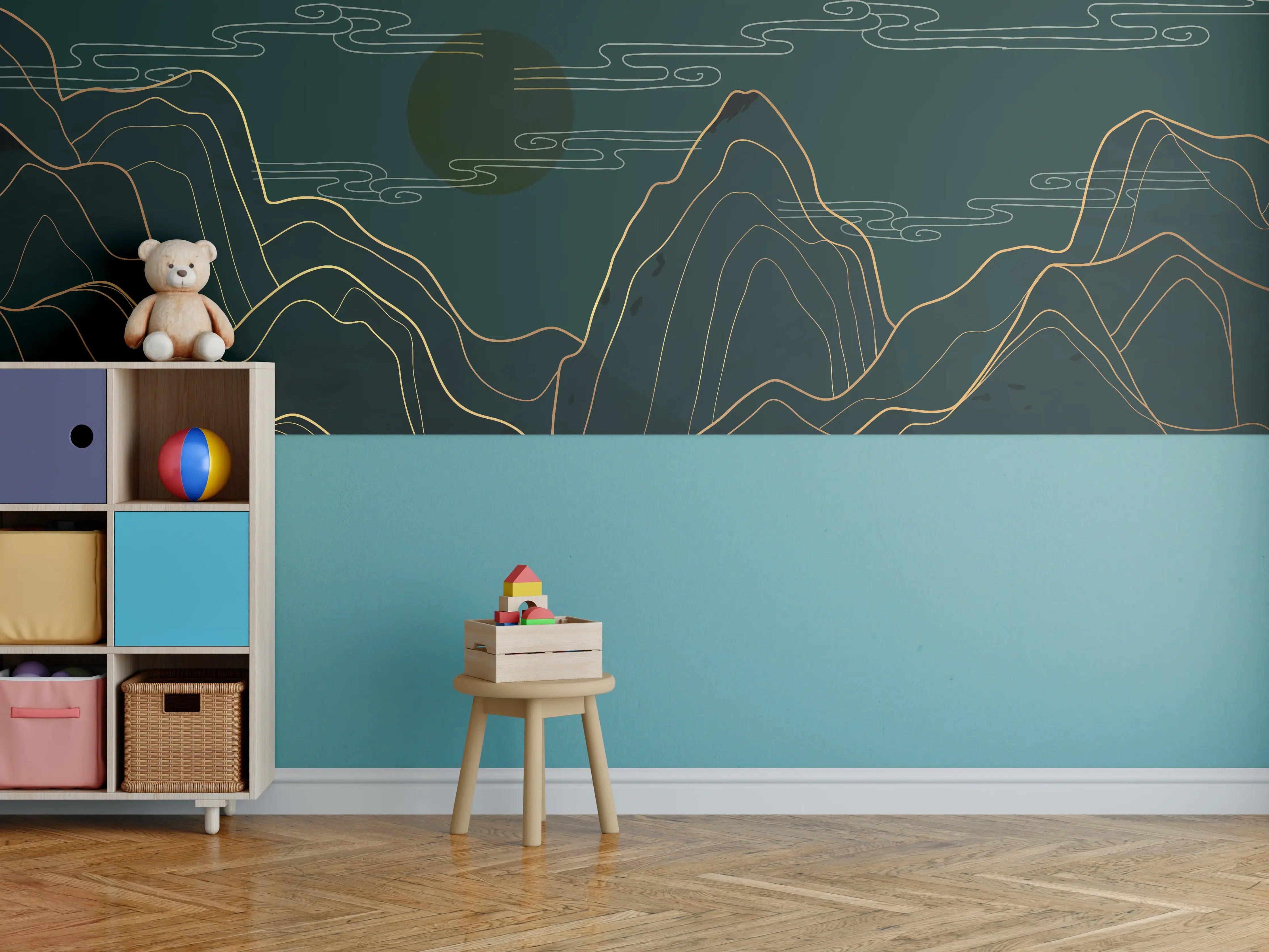 Kinderzimmer Wandgestaltung - Mondnacht über Bergen mit goldenen Linien