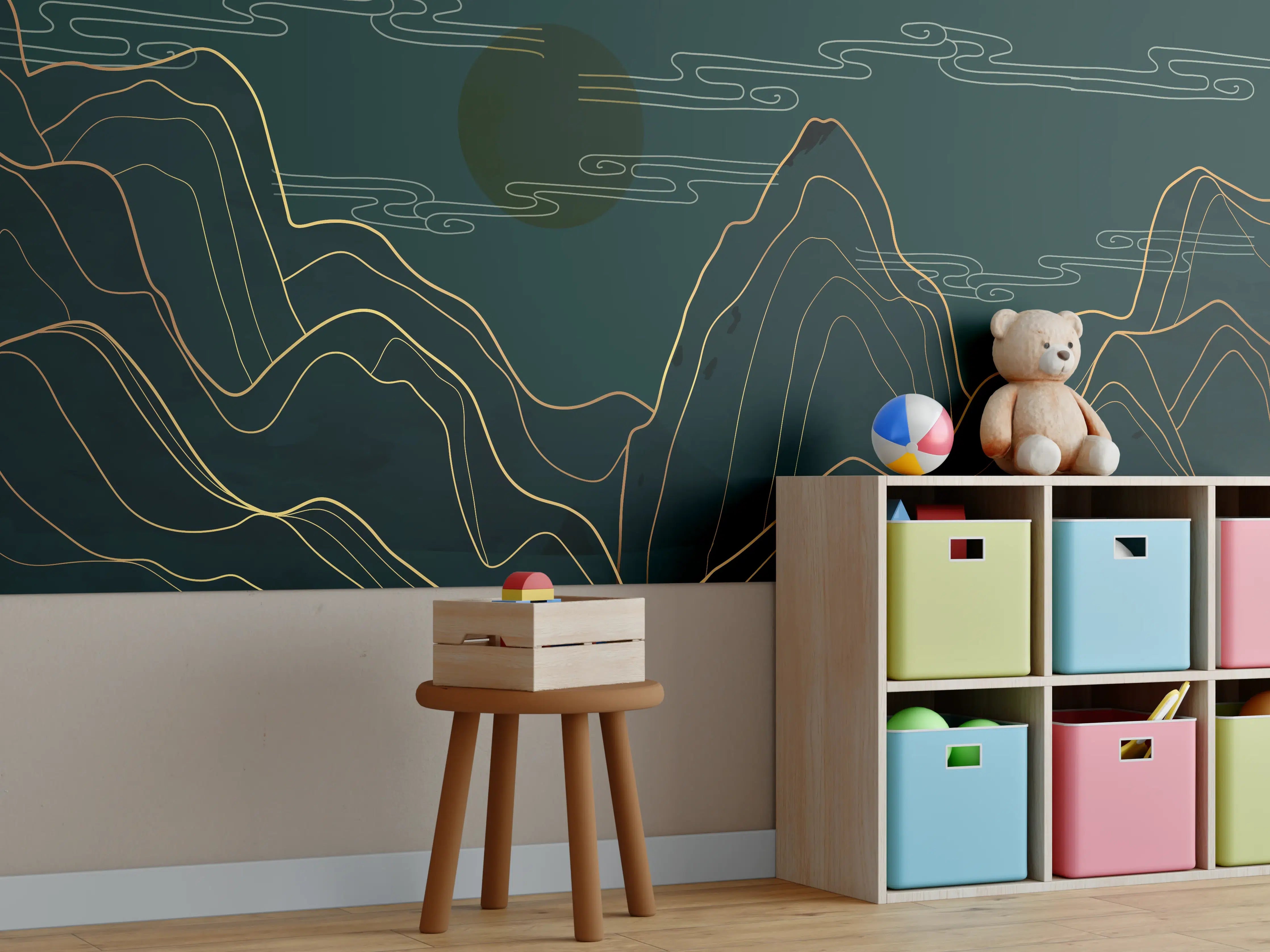 Kinderzimmer Wandgestaltung - Mondnacht über Bergen mit goldenen Linien