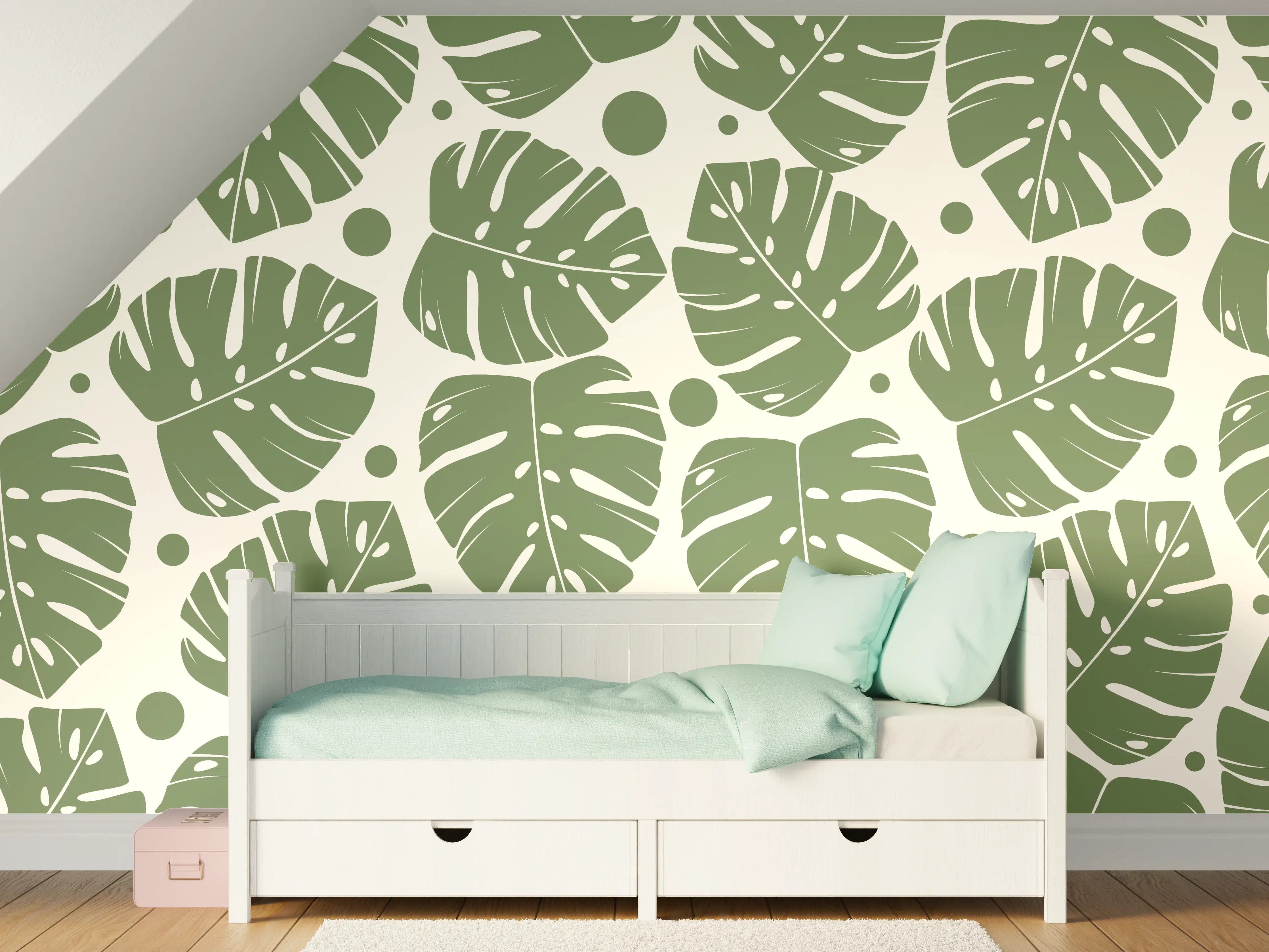 Kinderzimmer Wandgestaltung - Monstera-Blätter Cremegrün